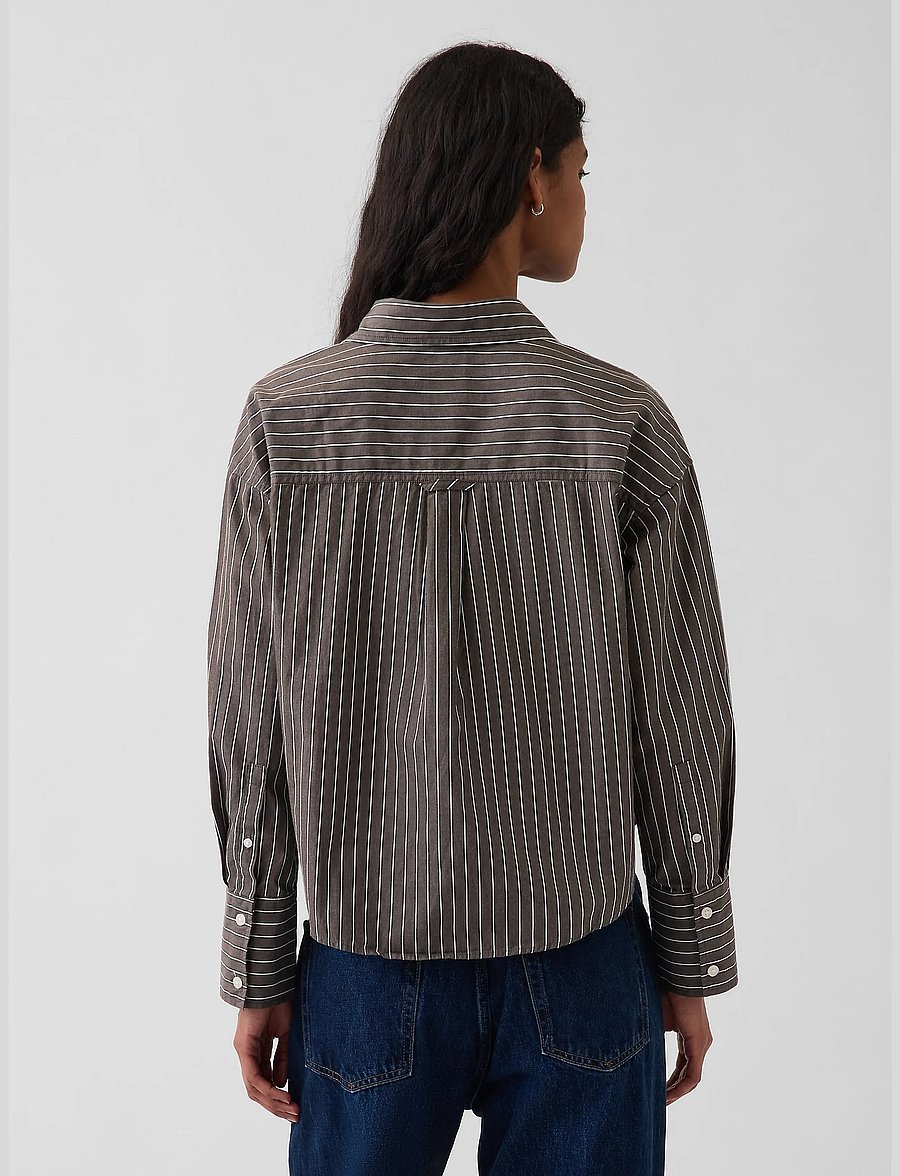 GAP - Organic Cotton Poplin Oversized Crop Shirt - langärmlige hemden - brown stripe - 3