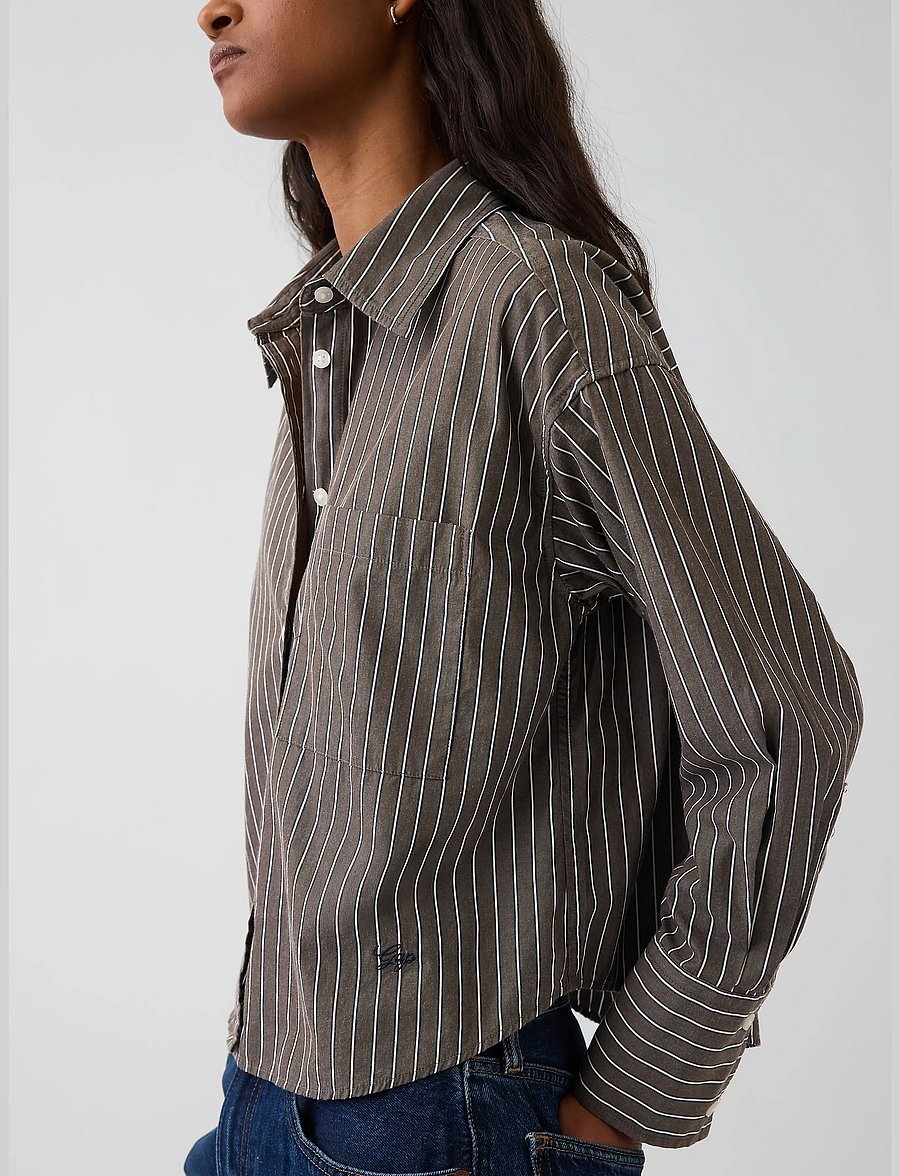 GAP - Organic Cotton Poplin Oversized Crop Shirt - langärmlige hemden - brown stripe - 4