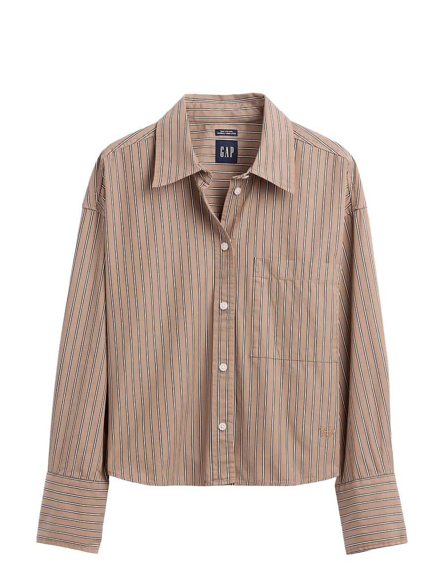 GAP - Organic Cotton Poplin Oversized Crop Shirt - langärmlige hemden - camel stripe - 1