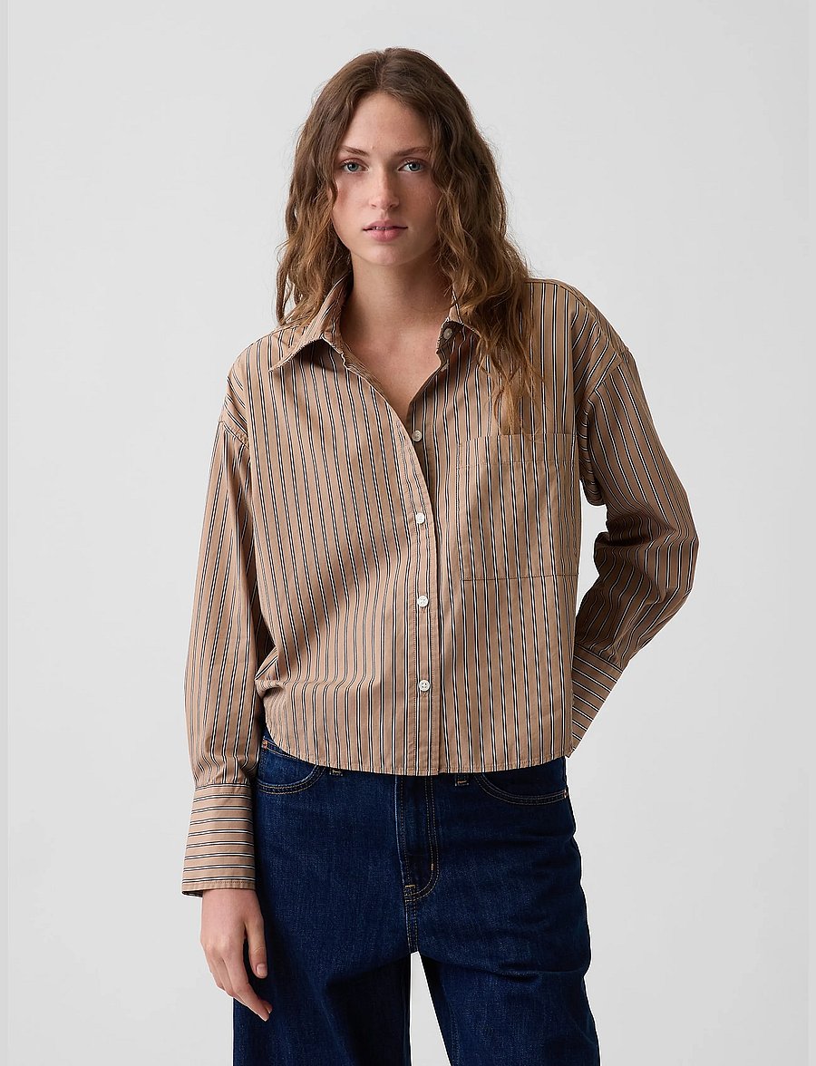 GAP - Organic Cotton Poplin Oversized Crop Shirt - langärmlige hemden - camel stripe - 0