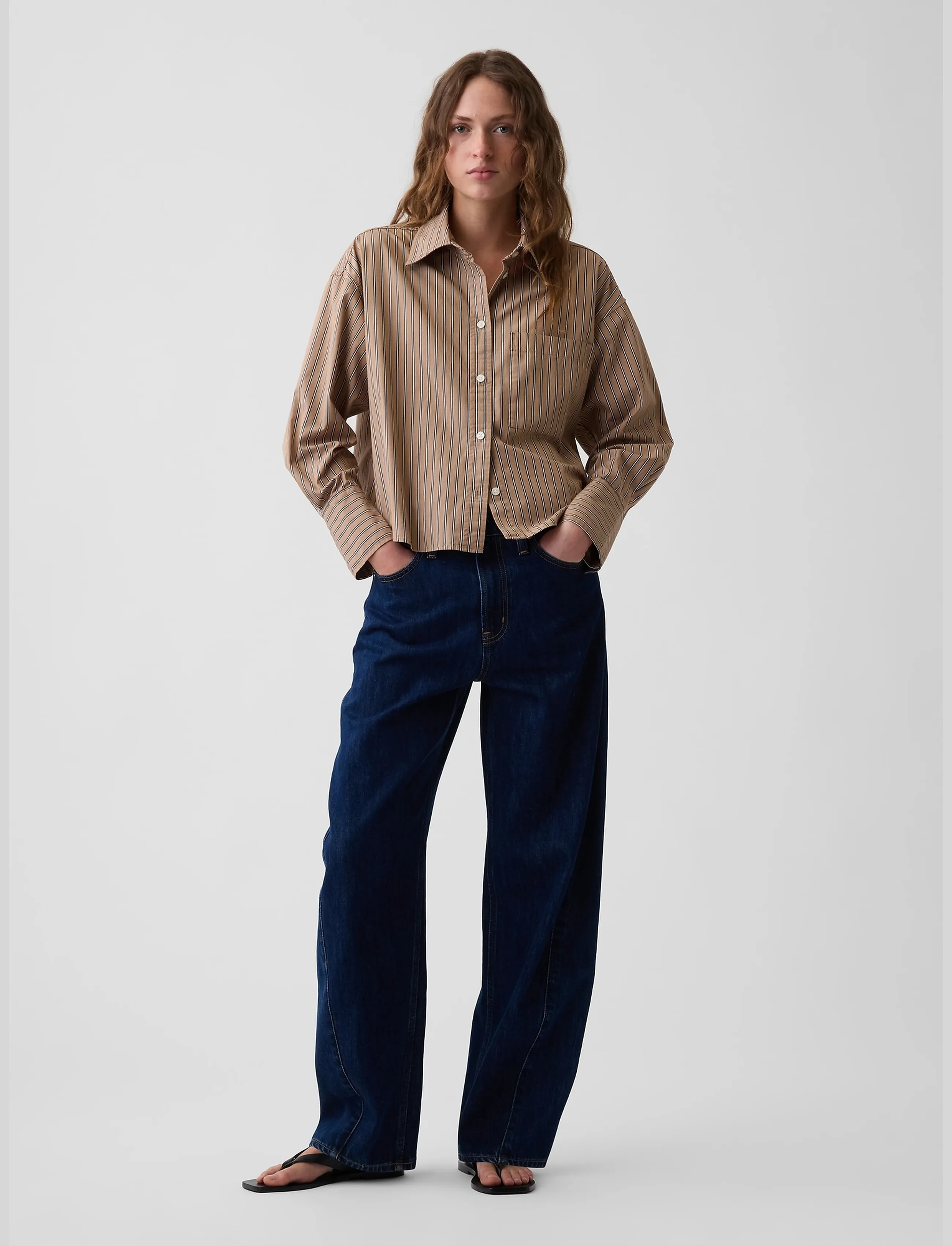 GAP - Organic Cotton Poplin Oversized Crop Shirt - langärmlige hemden - camel stripe - 2