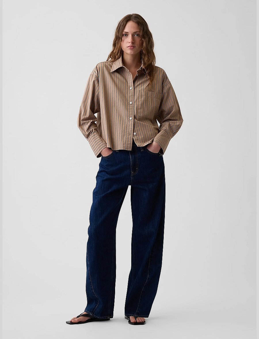 GAP - Organic Cotton Poplin Oversized Crop Shirt - langärmlige hemden - camel stripe - 2