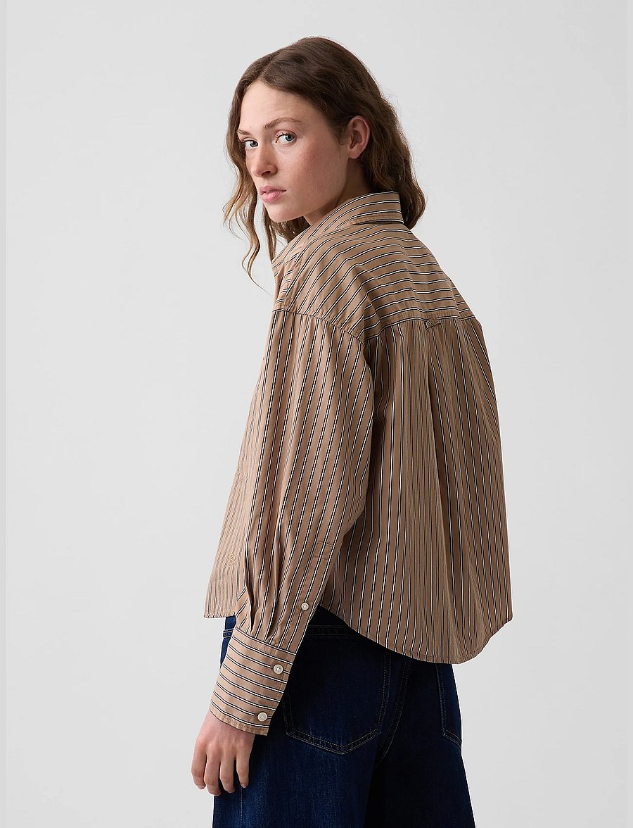 GAP - Organic Cotton Poplin Oversized Crop Shirt - langärmlige hemden - camel stripe - 3