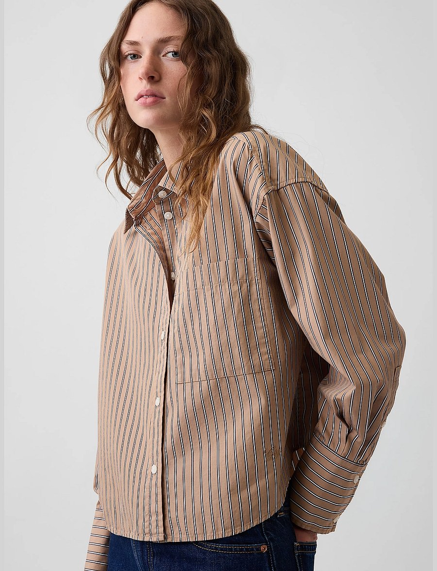 GAP - Organic Cotton Poplin Oversized Crop Shirt - langärmlige hemden - camel stripe - 4