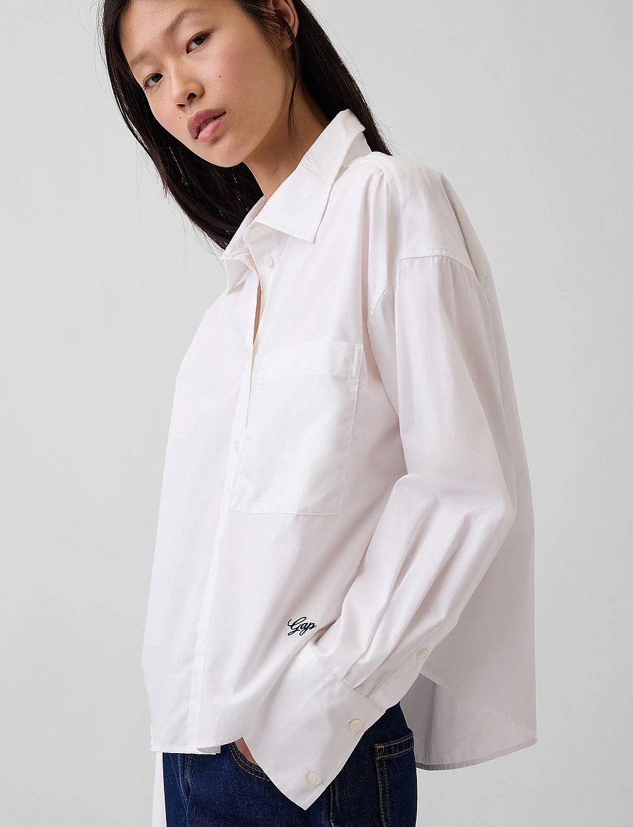 GAP - Organic Cotton Poplin Oversized Crop Shirt - langærmede skjorter - gap logo - 2