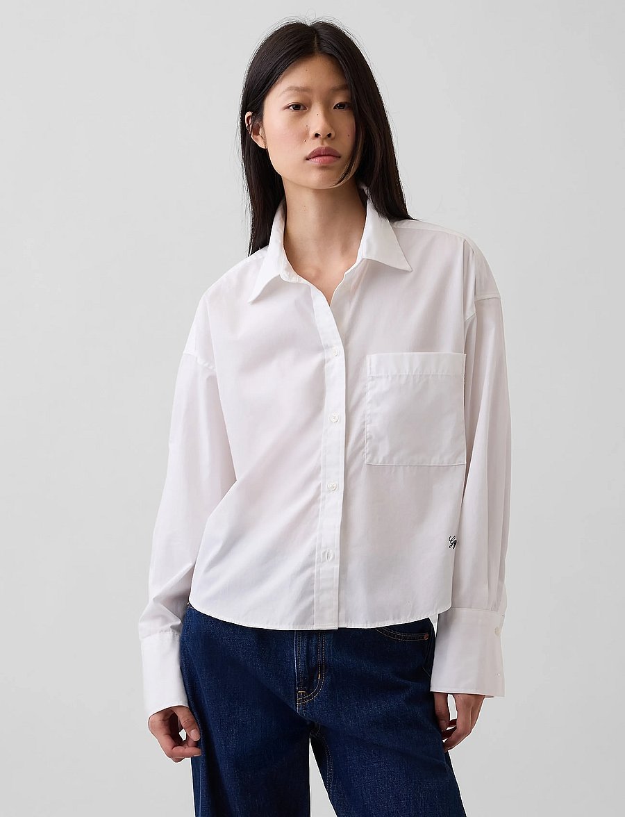 GAP - Organic Cotton Poplin Oversized Crop Shirt - langærmede skjorter - gap logo - 4