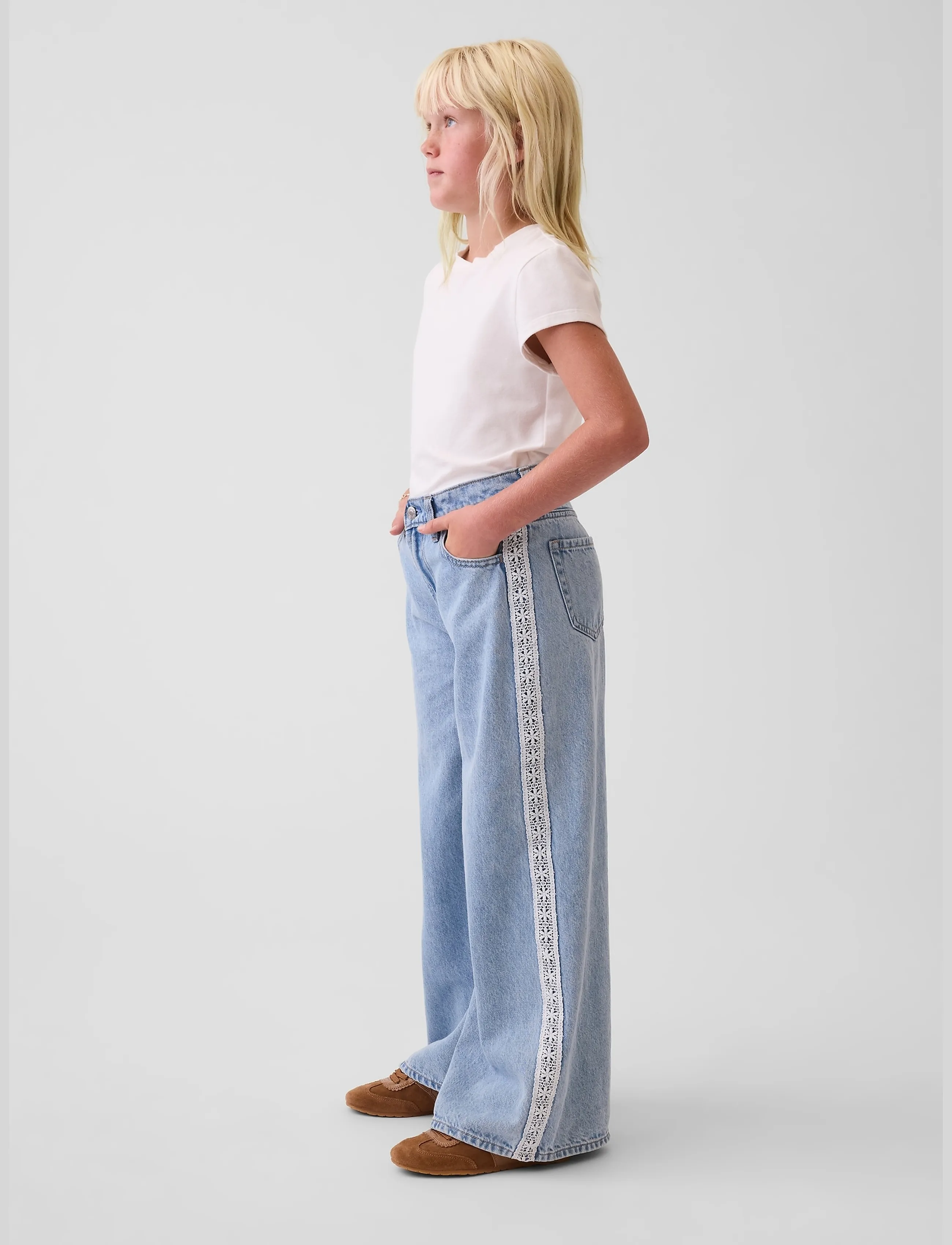 GAP - Kids Low Rise Lace-Trim Baggy Jeans - light wash - 4
