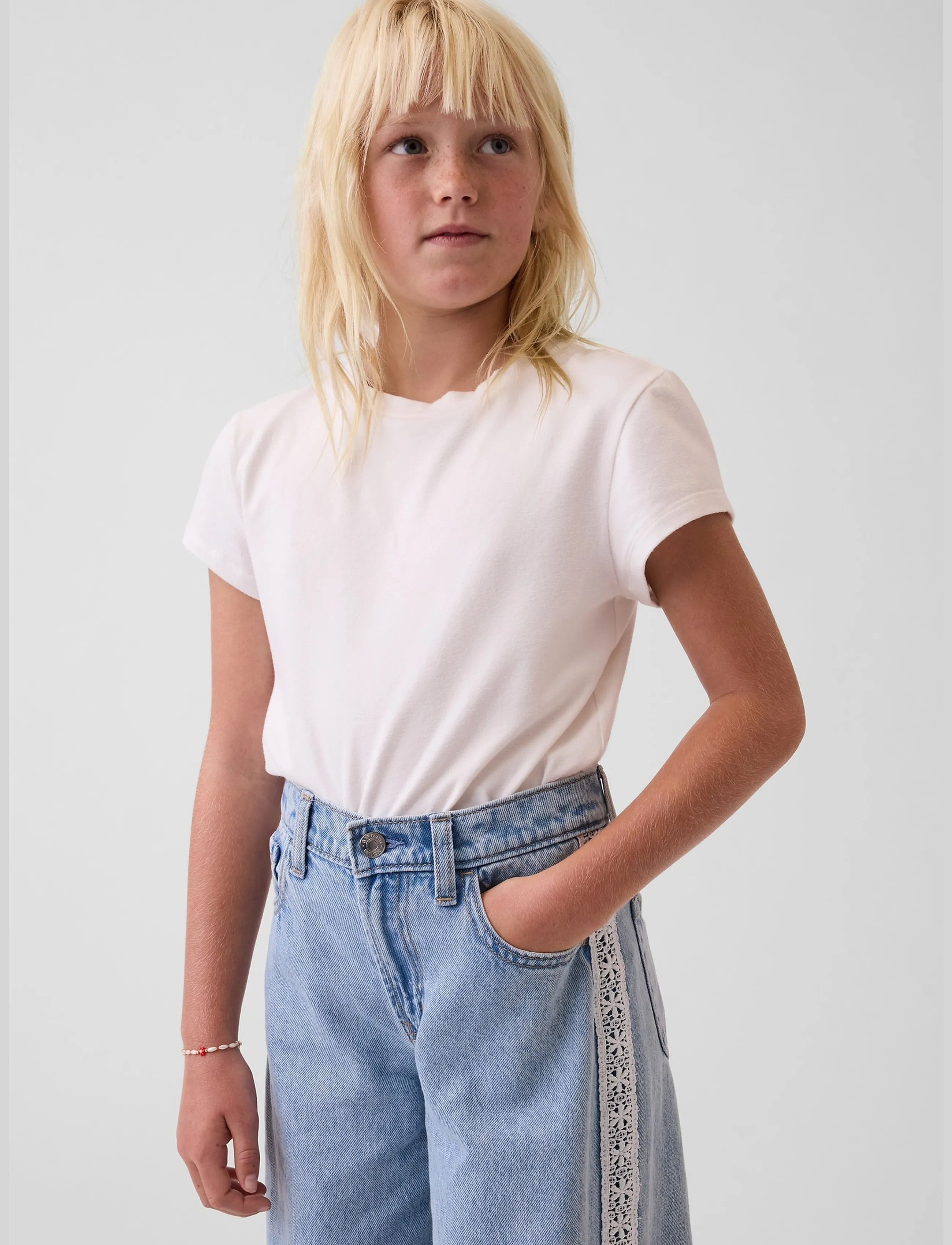 GAP - Kids Low Rise Lace-Trim Baggy Jeans - light wash - 5