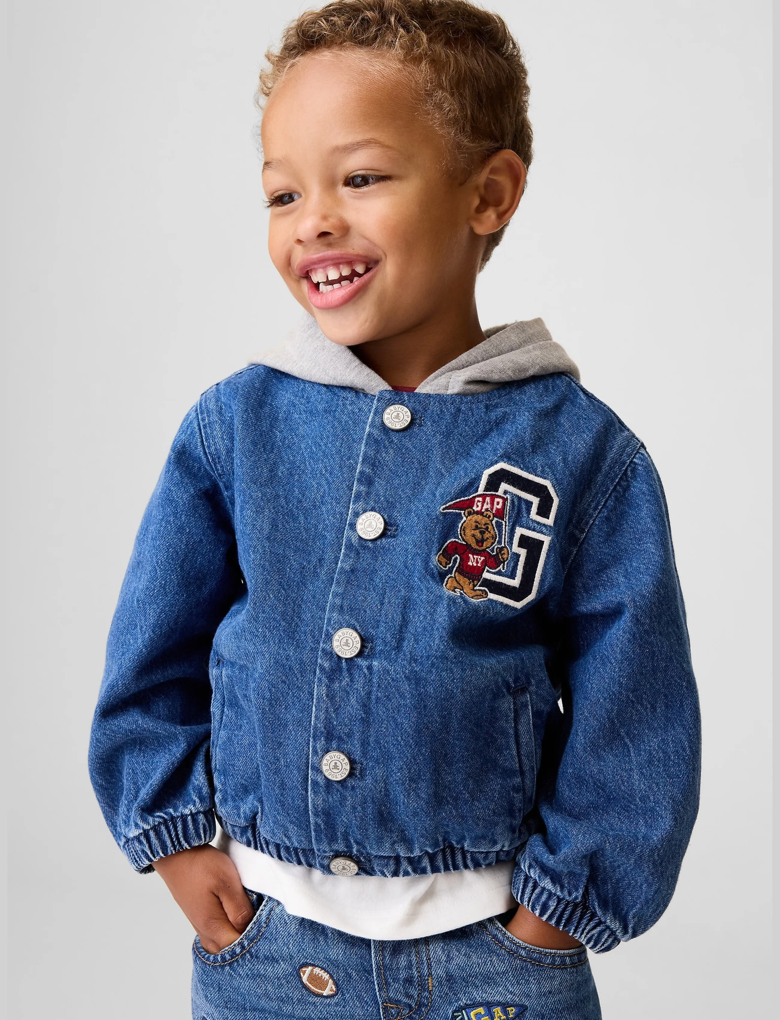 GAP - Baby & Toddler Denim Varsity Bomber Jacket - medium wash - 0