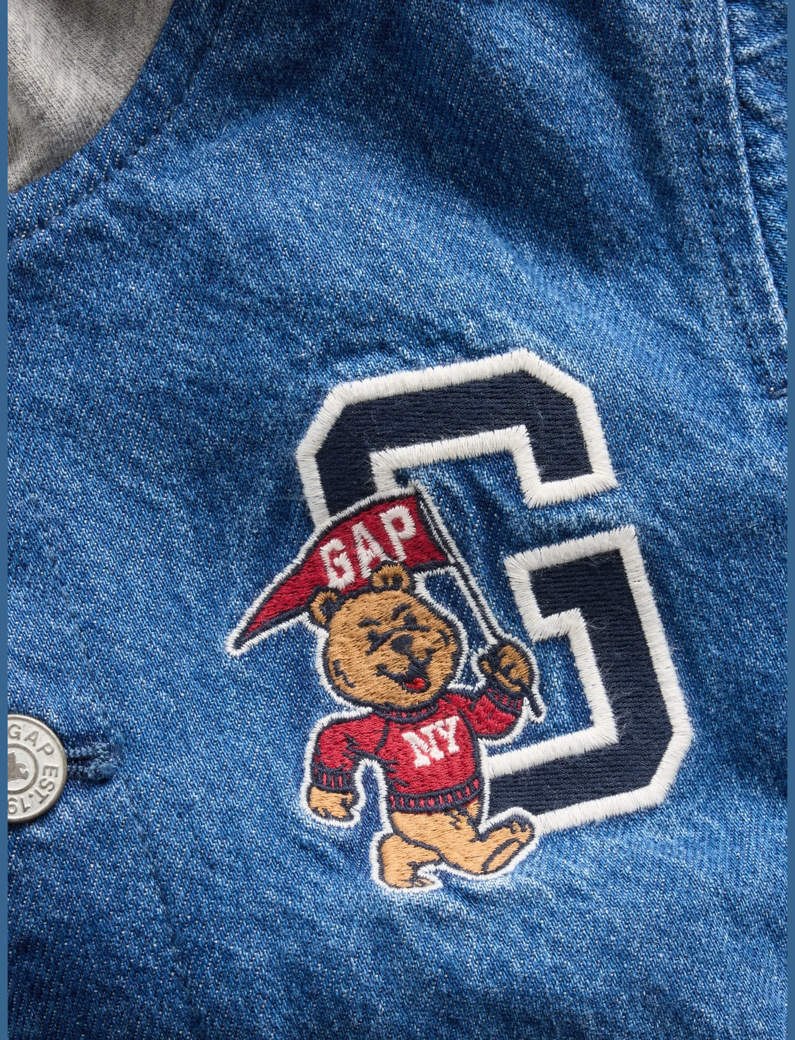 GAP - Baby & Toddler Denim Varsity Bomber Jacket - medium wash - 3