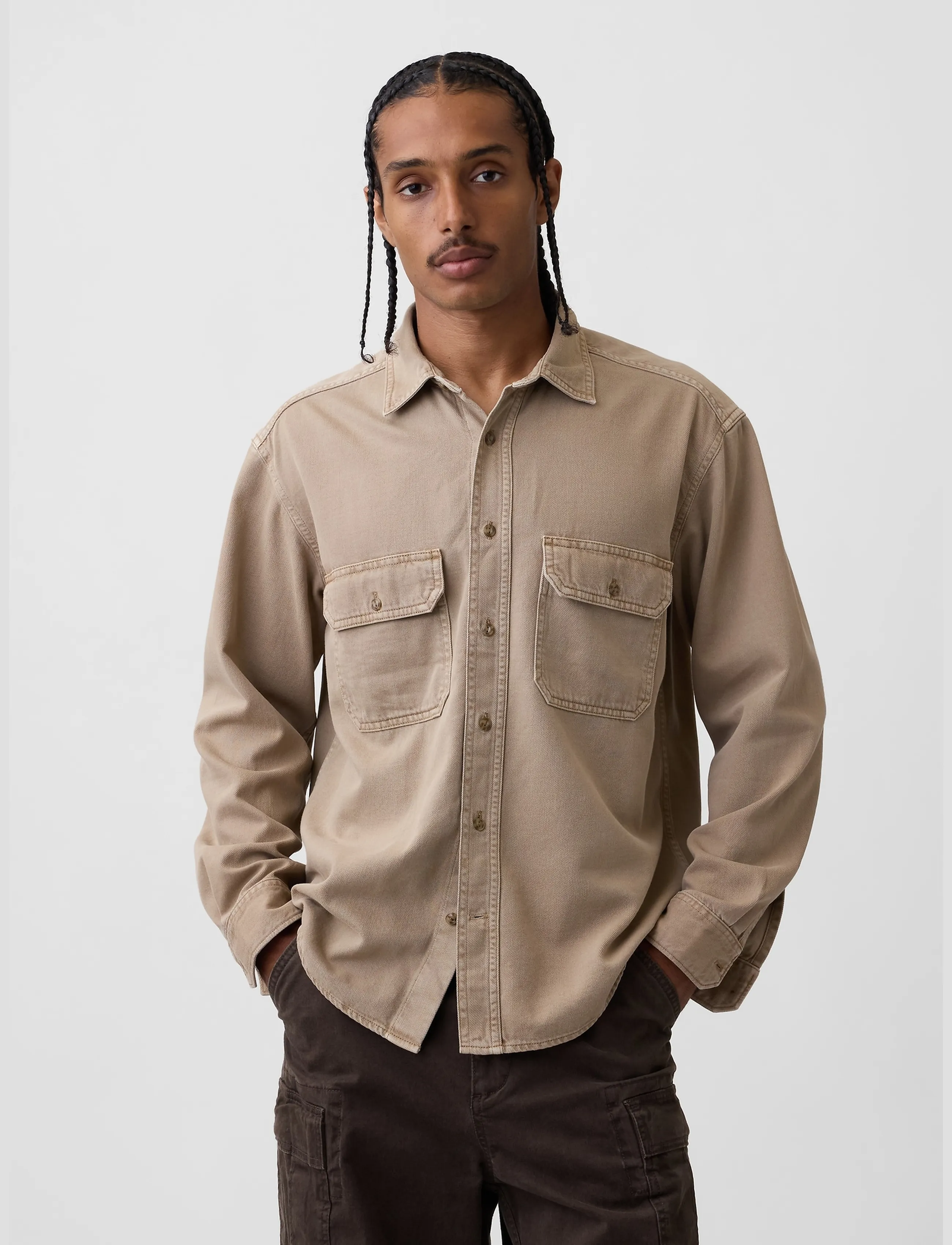 GAP UltraSoft Denim Relaxed Utility Shirt - Denim clothing - CAMP KHAKI / beige