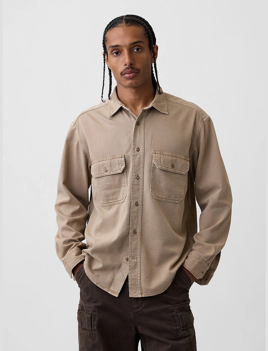 GAP - UltraSoft Denim Relaxed Utility Shirt - denim shirts - camp khaki - 0