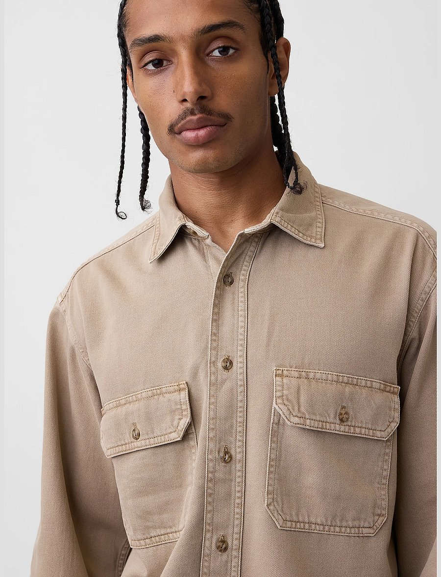GAP - UltraSoft Denim Relaxed Utility Shirt - denim shirts - camp khaki - 4