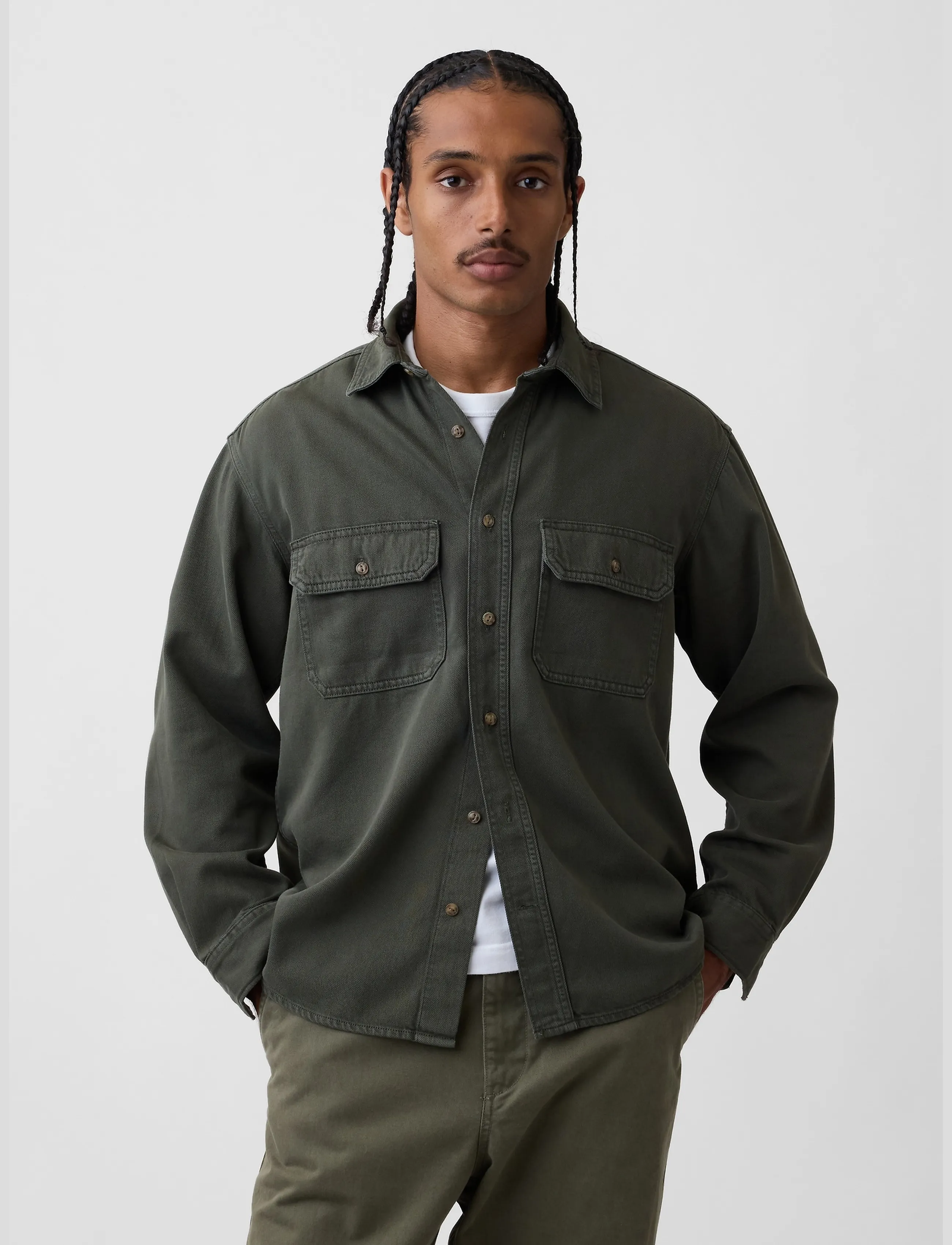 GAP UltraSoft Denim Relaxed Utility Shirt - Riided - TWEED GREEN / khaki/green