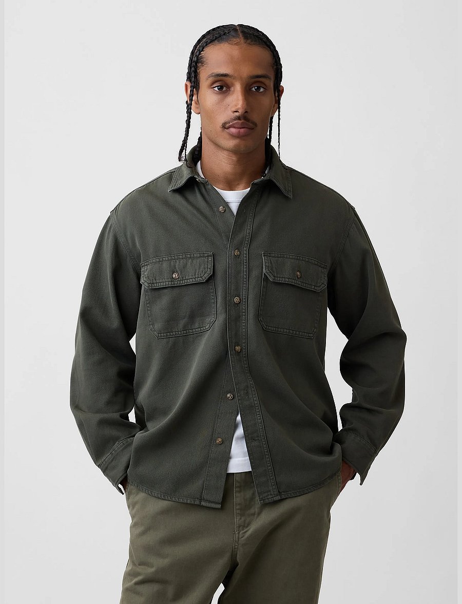 GAP - UltraSoft Denim Relaxed Utility Shirt - teksasärgid - tweed green - 0