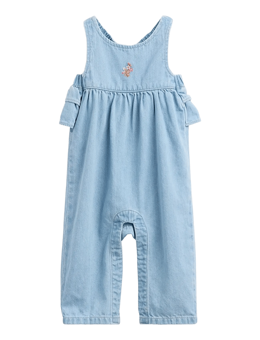 GAP - Baby Embroidered Denim Ruffle One-Piece - jumpsuits - medium wash - 0