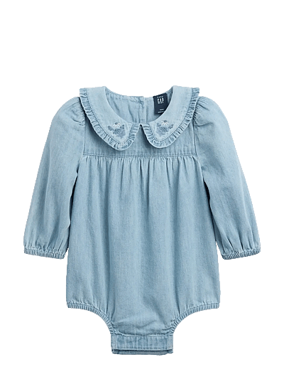 Baby Embroidered Denim Bubble Bodysuit - LangæRmede Bodyer