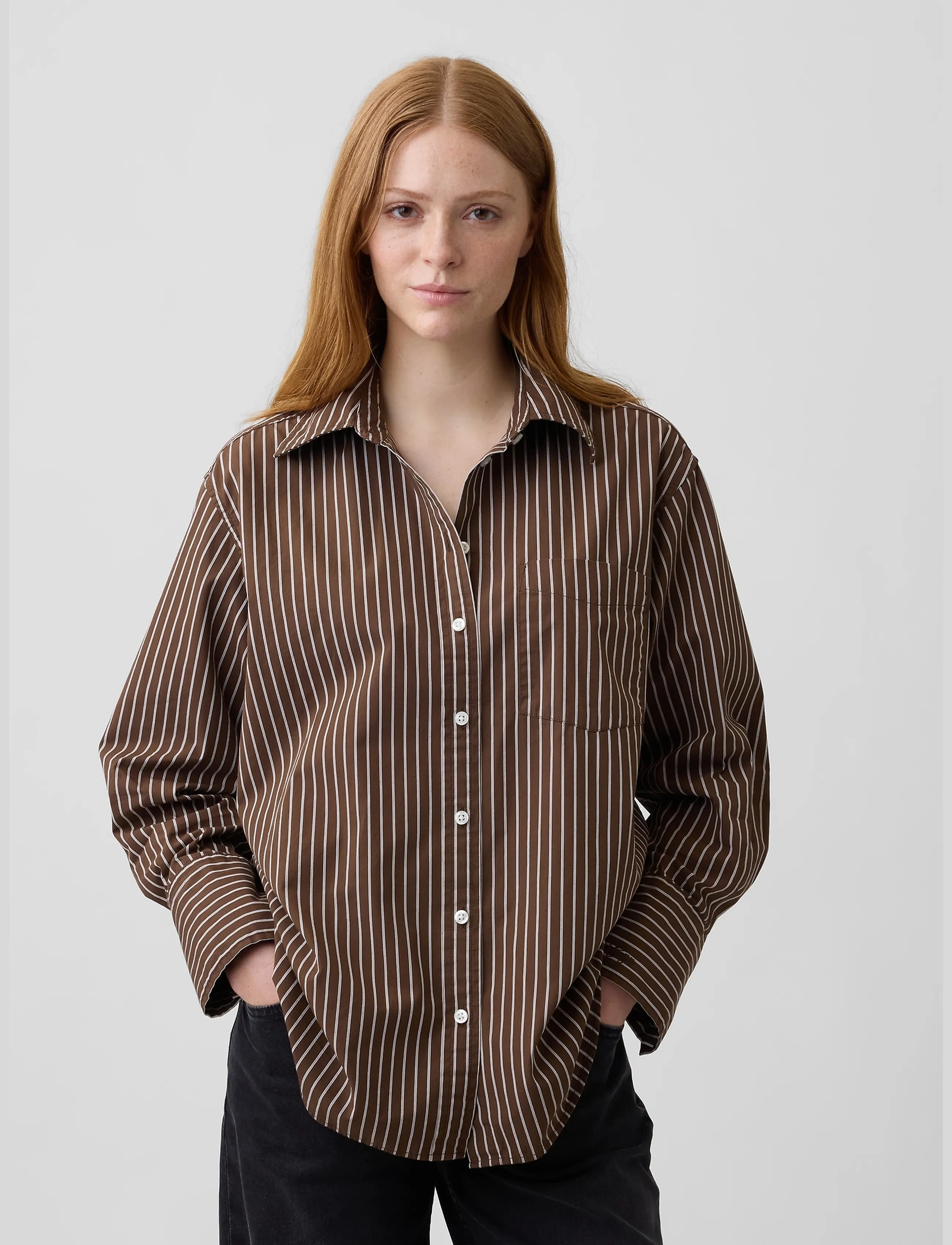 GAP Poplin Big Shirt from the GAP collection - Skjortor - BROWN STRIPE / brown