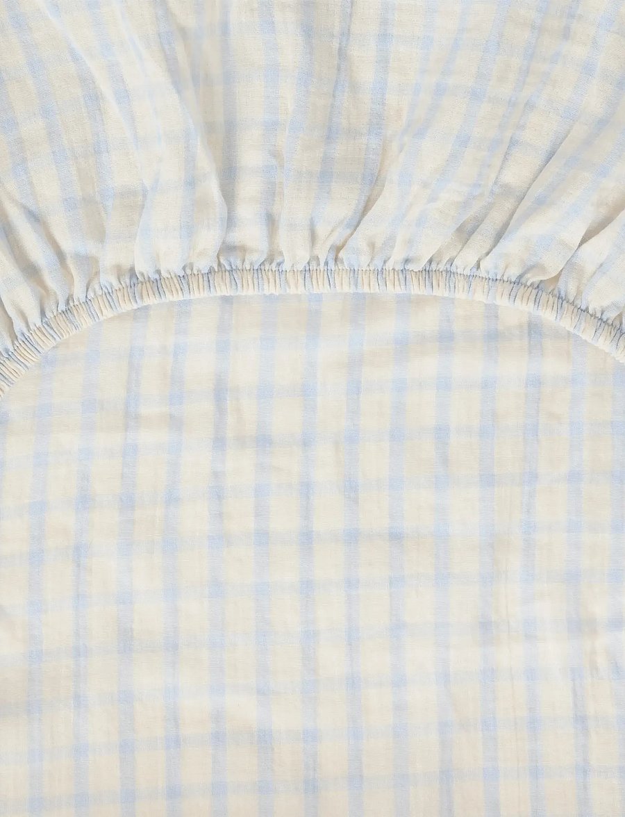 Garbo&Friends - Muslin Fitted Sheet Single, 90x200 cm, Gingham Sky blue - bettlaken - gingham sky blue - 3