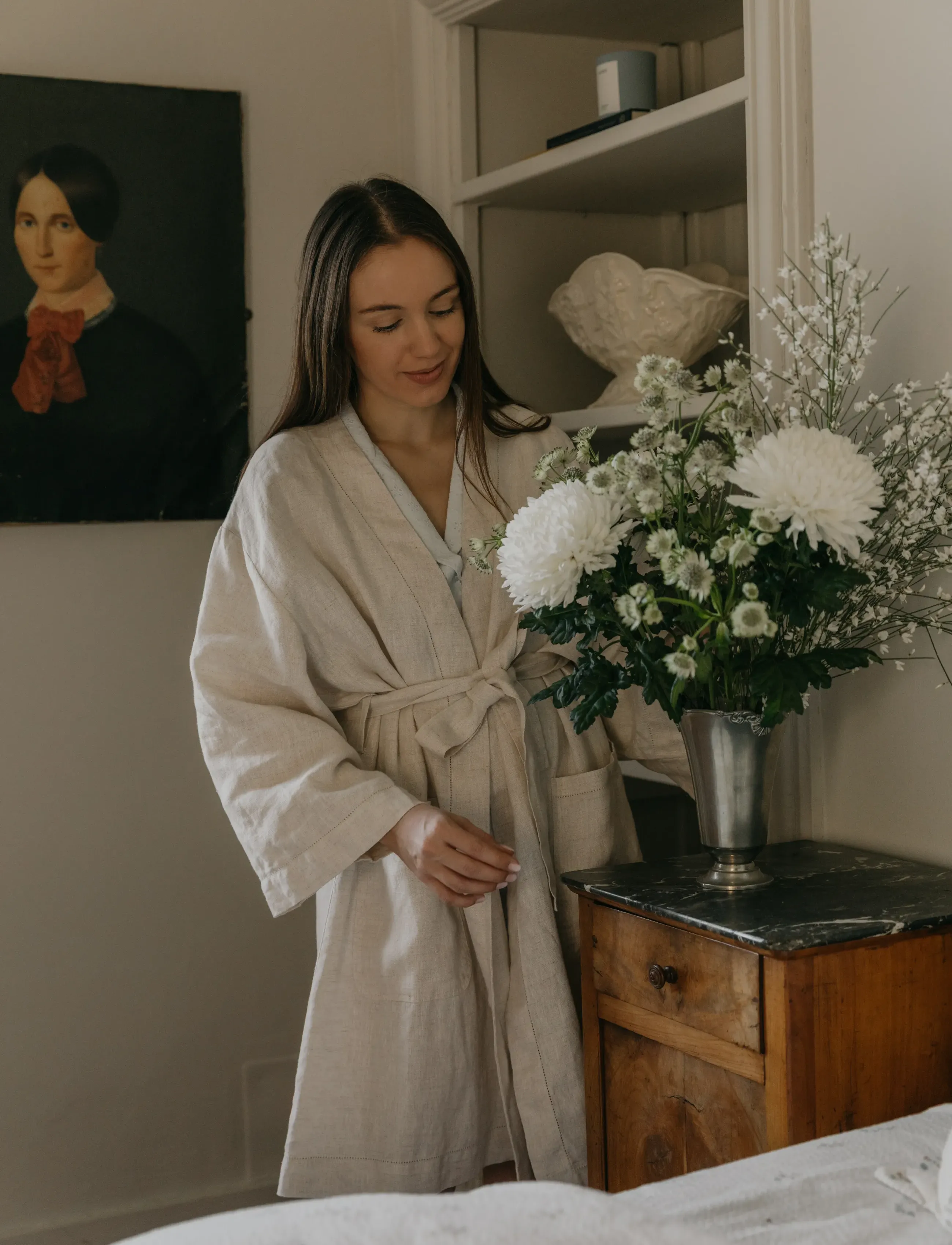 Garbo&Friends Linen Hemstitched Bathrobe M/L, Bathroom Textiles, Creme - Robes, Frauen