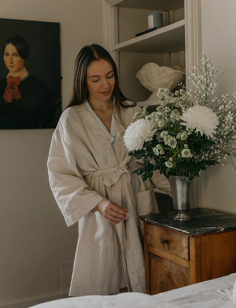 Garbo&Friends - Linen Hemstitched Linen Bathrobe M/L - alltags-style - linen - 0