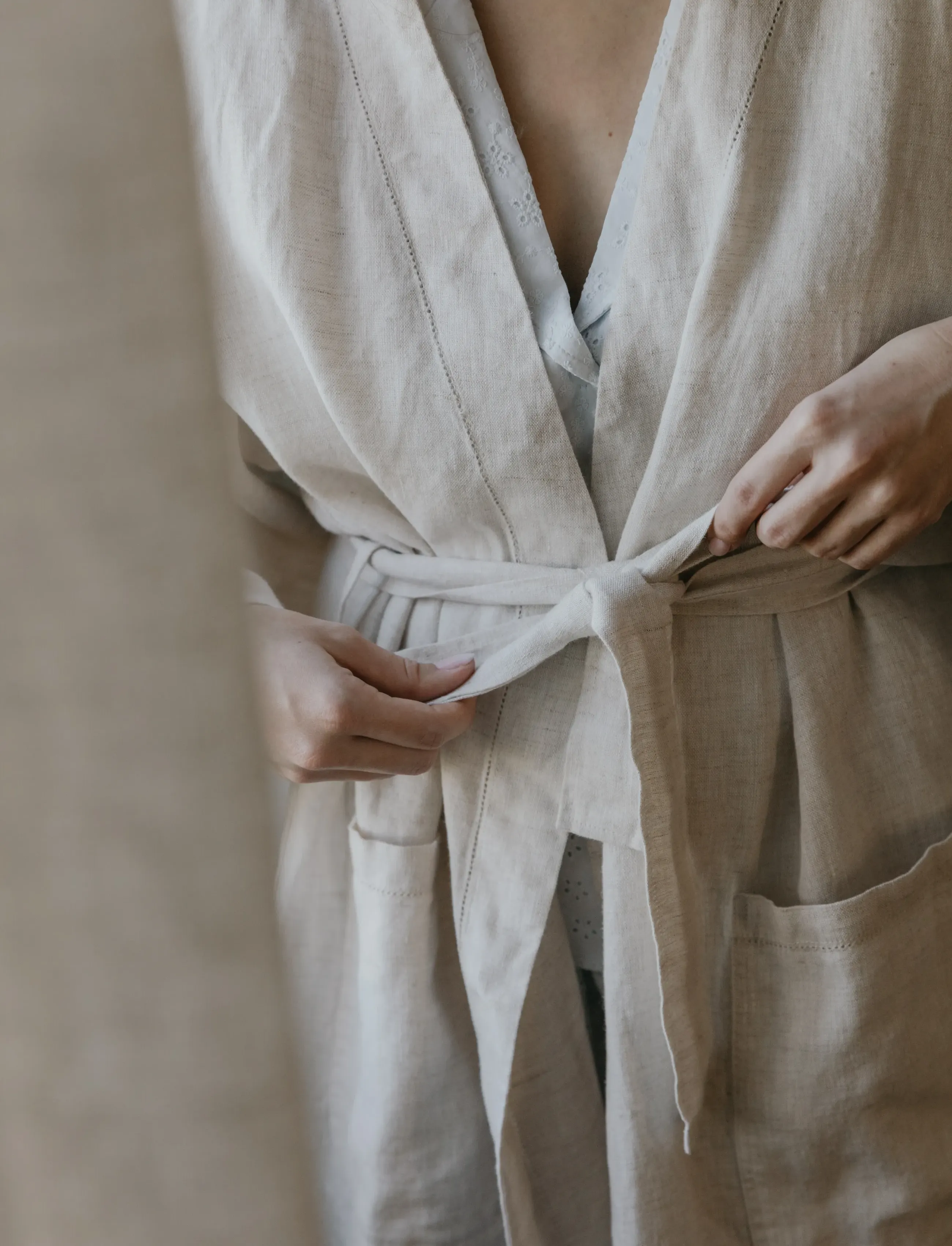 Garbo&Friends - Linen Hemstitched Linen Bathrobe M/L - vardagsstil - linen - 3