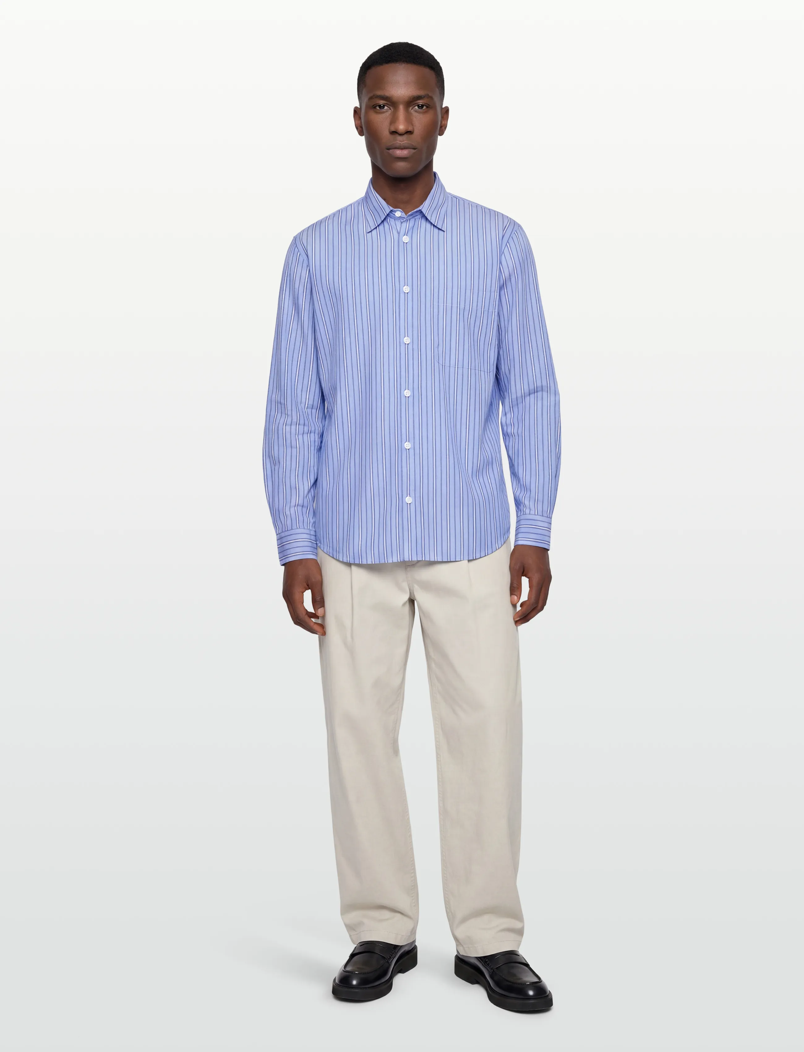 Garment Project Relaxed Long Sleeved Shirt - Blue Striped, M, Blue, Skjorter > Afslappet Shirts, Herre