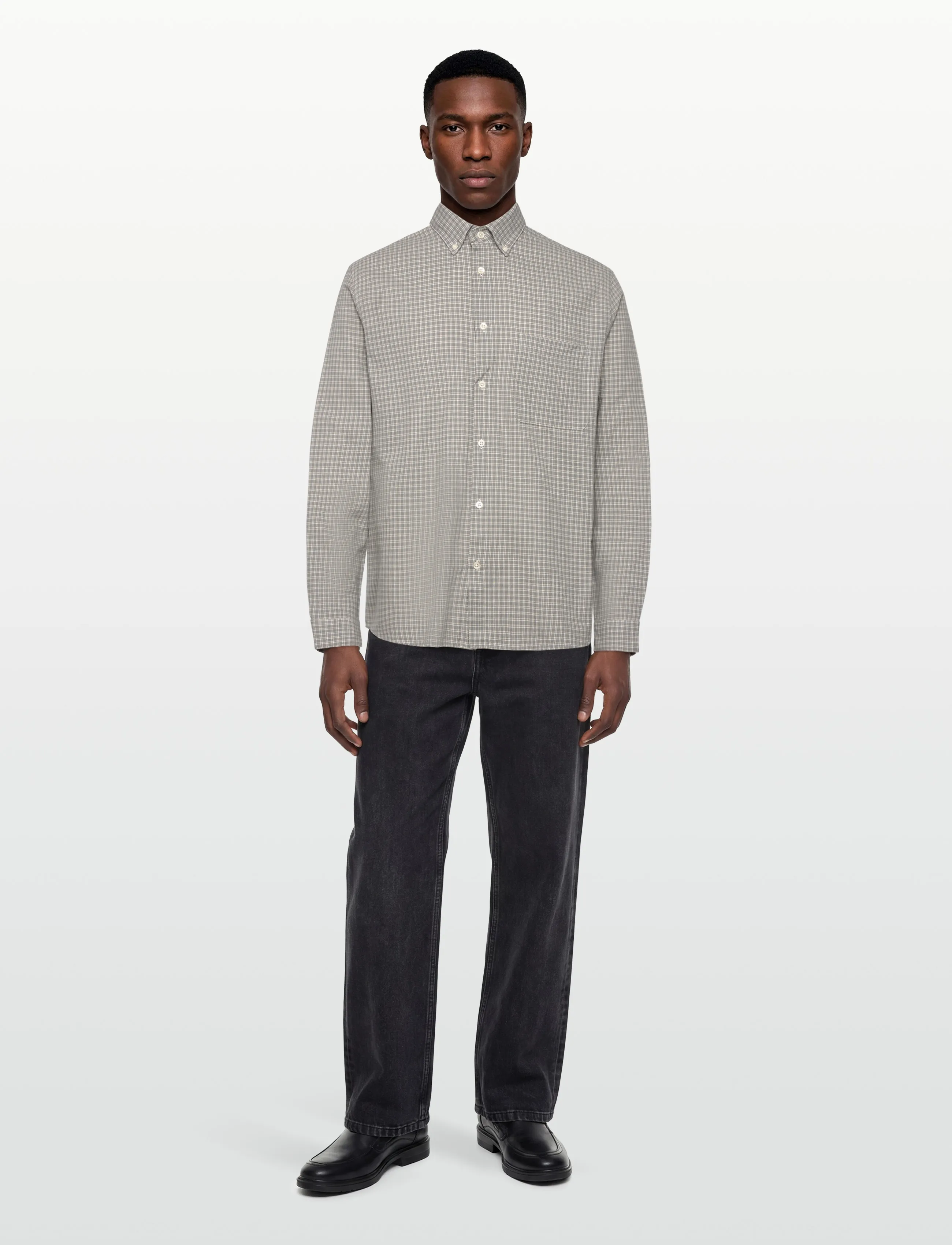 Garment Project Relaxed LS Button Down Shirt - Grey - Rutiga skjortor - GREY CHECK / grey