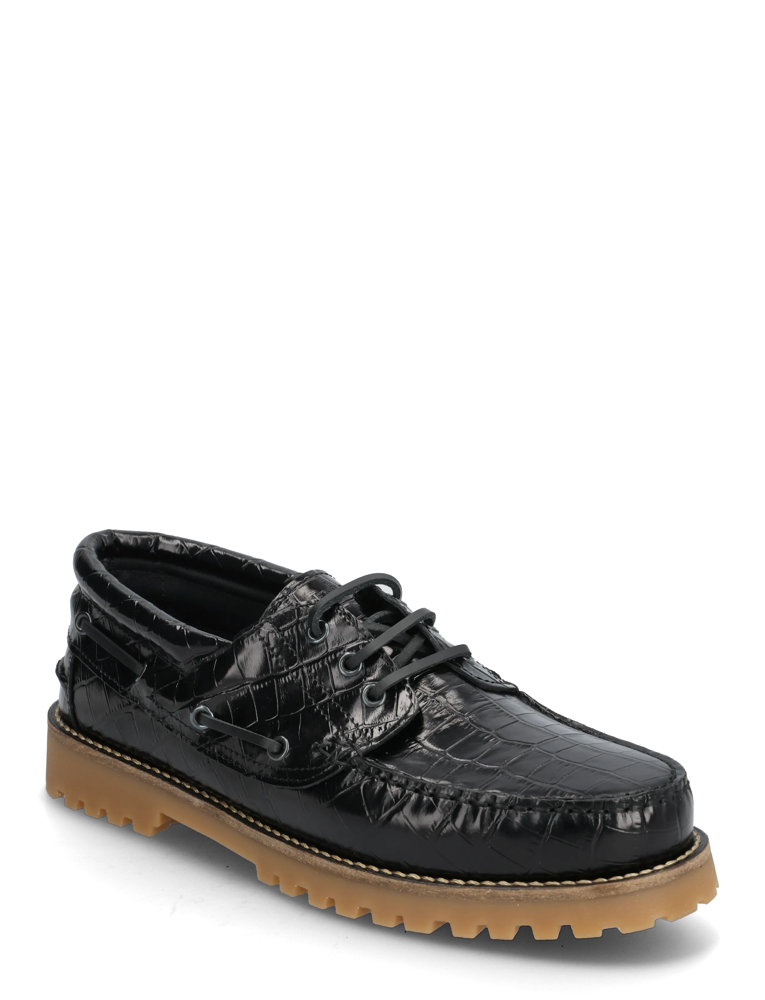 Garment Project Ollie Boat Shoe - Black Croco Leath - Sko - BLACK / black