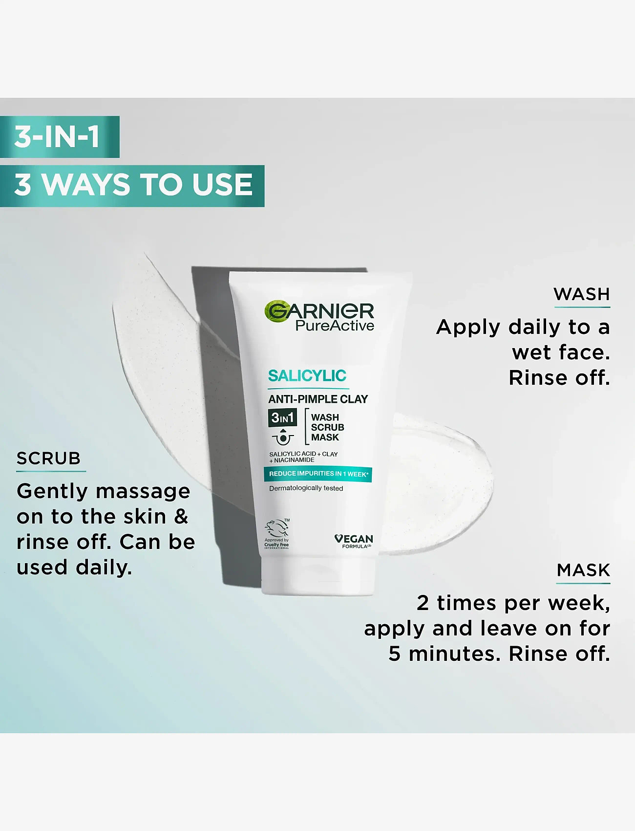 Garnier - Garnier PureActive Salicylic 3in1 Anti-Pimple Clay Cleanser for impure skin 150 ml - puhdistusgeelit - no colour - 1