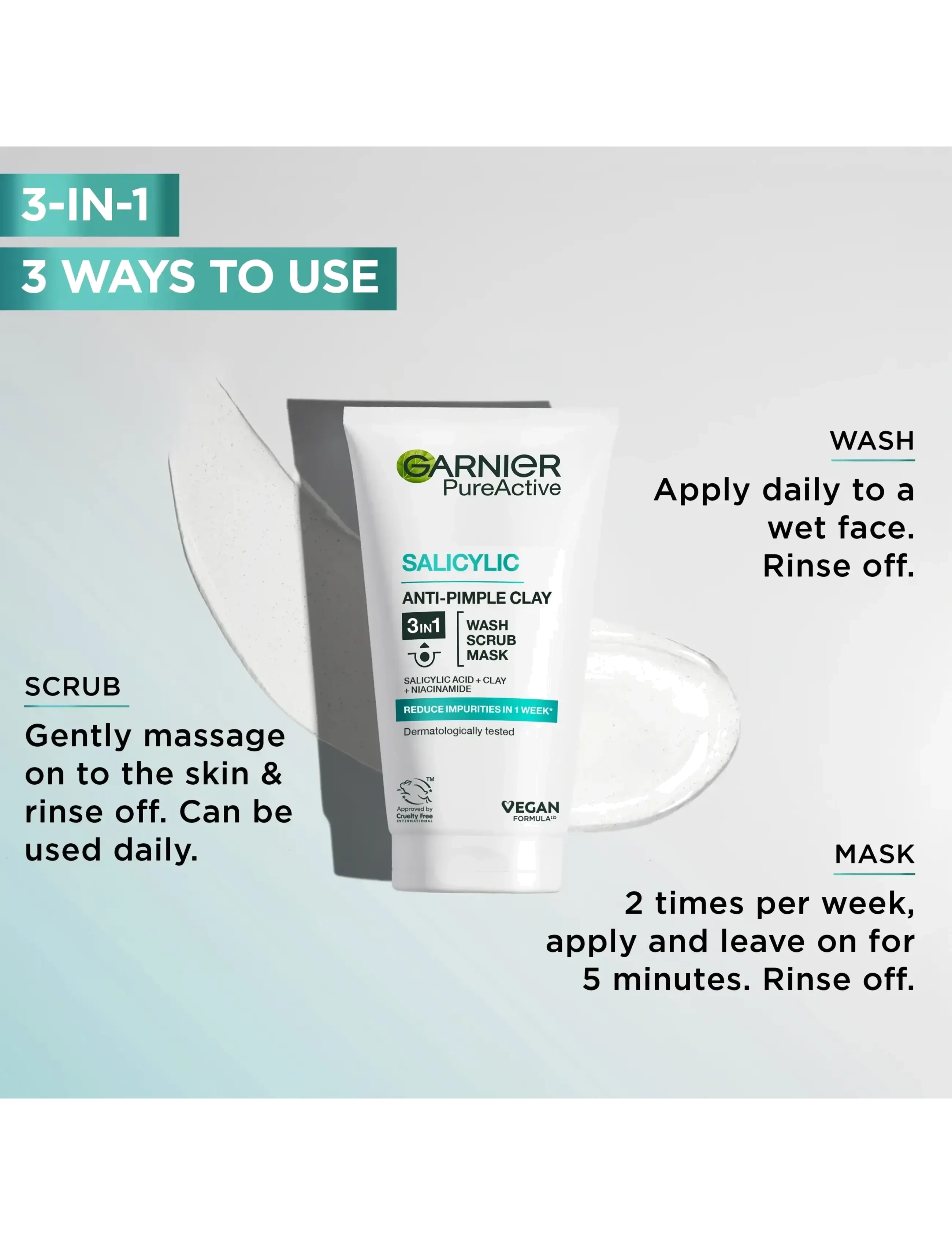 Garnier - Garnier PureActive Salicylic 3in1 Anti-Pimple Clay Cleanser for impure skin 150 ml - no colour - 1