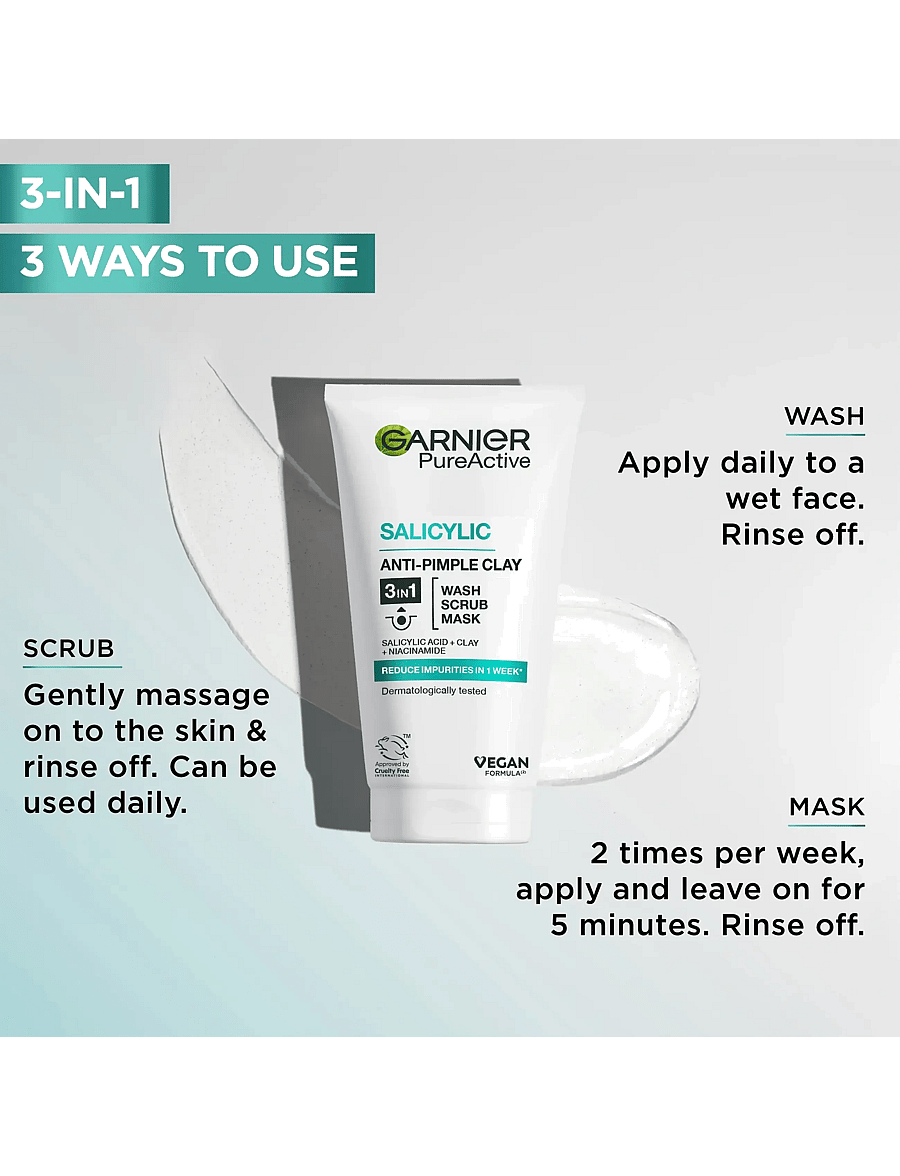 Garnier - Garnier PureActive Salicylic 3in1 Anti-Pimple Clay Cleanser for impure skin 150 ml - näopesu - no colour - 1