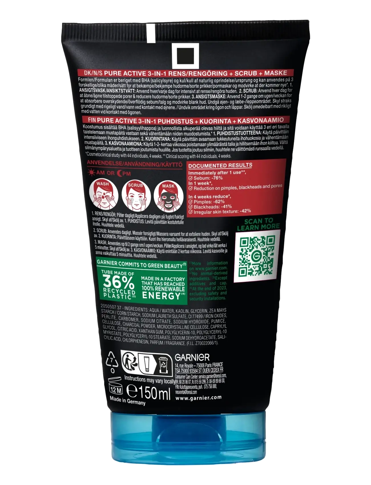 Garnier - Garnier PureActive BHA Charcoal 3in1 Anti-Blackhead Cleanser for impure skin 150 ml - rensegels - no colour - 1