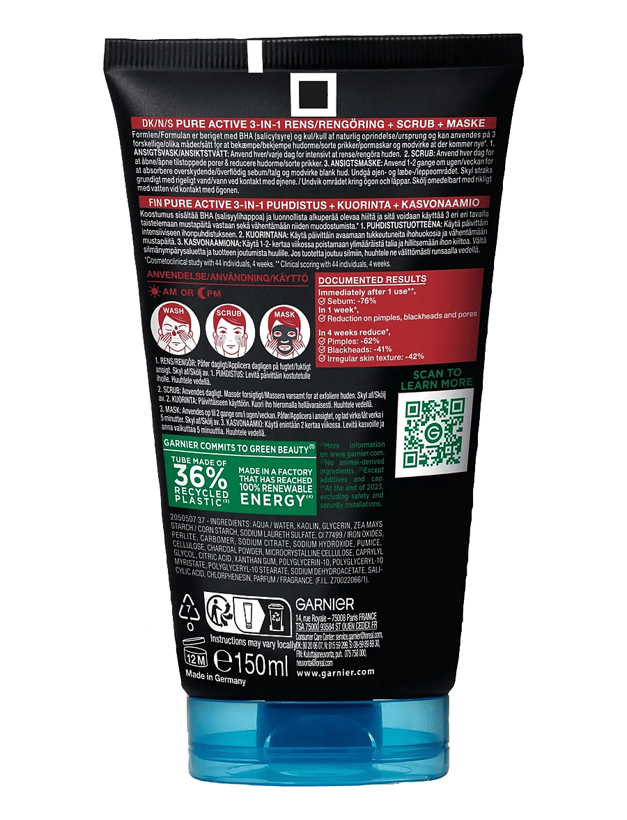 Garnier - Garnier PureActive BHA Charcoal 3in1 Anti-Blackhead Cleanser for impure skin 150 ml - näopesu - no colour - 1