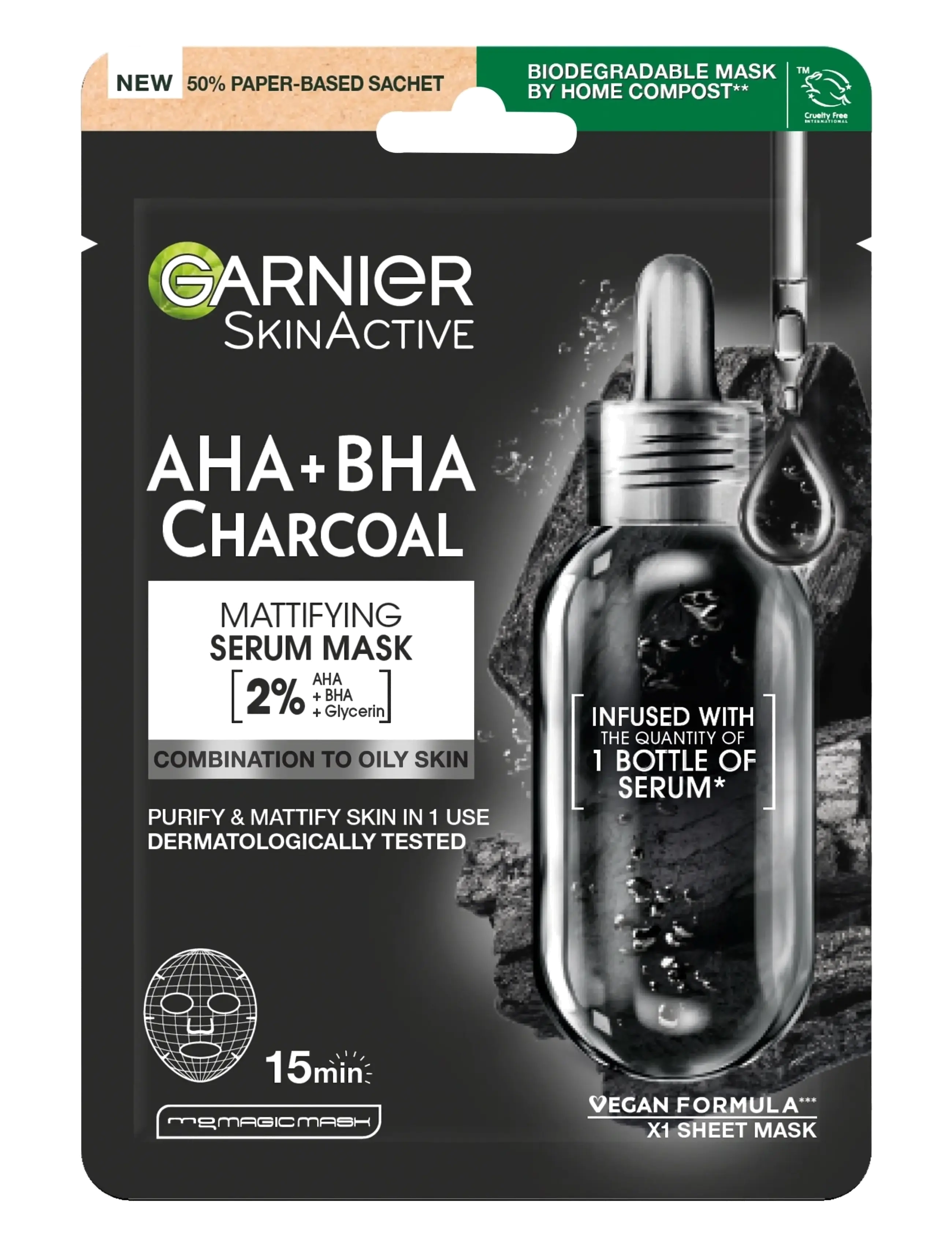 Garnier Garnier SkinActive Pure Charcoal Black Pore-tightening + Hydrating Sheet Mask for oily skin 28 g - Skönhet - NO COLOUR / undefined