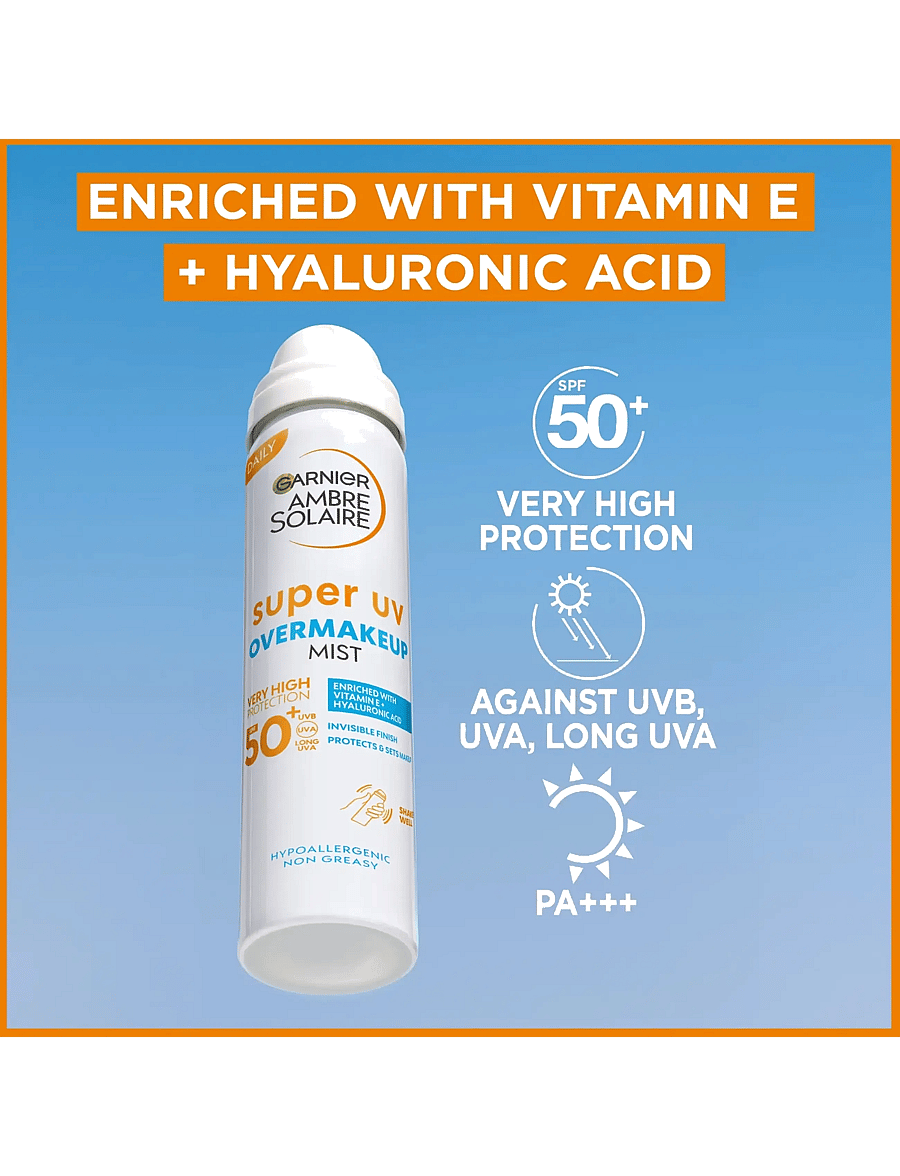 Garnier - Garnier Ambre Solaire Super UV Over Makeup Protection Mist with Hyaluronic Acid SPF50+ 75 ml - til ansigtet - clear - 1