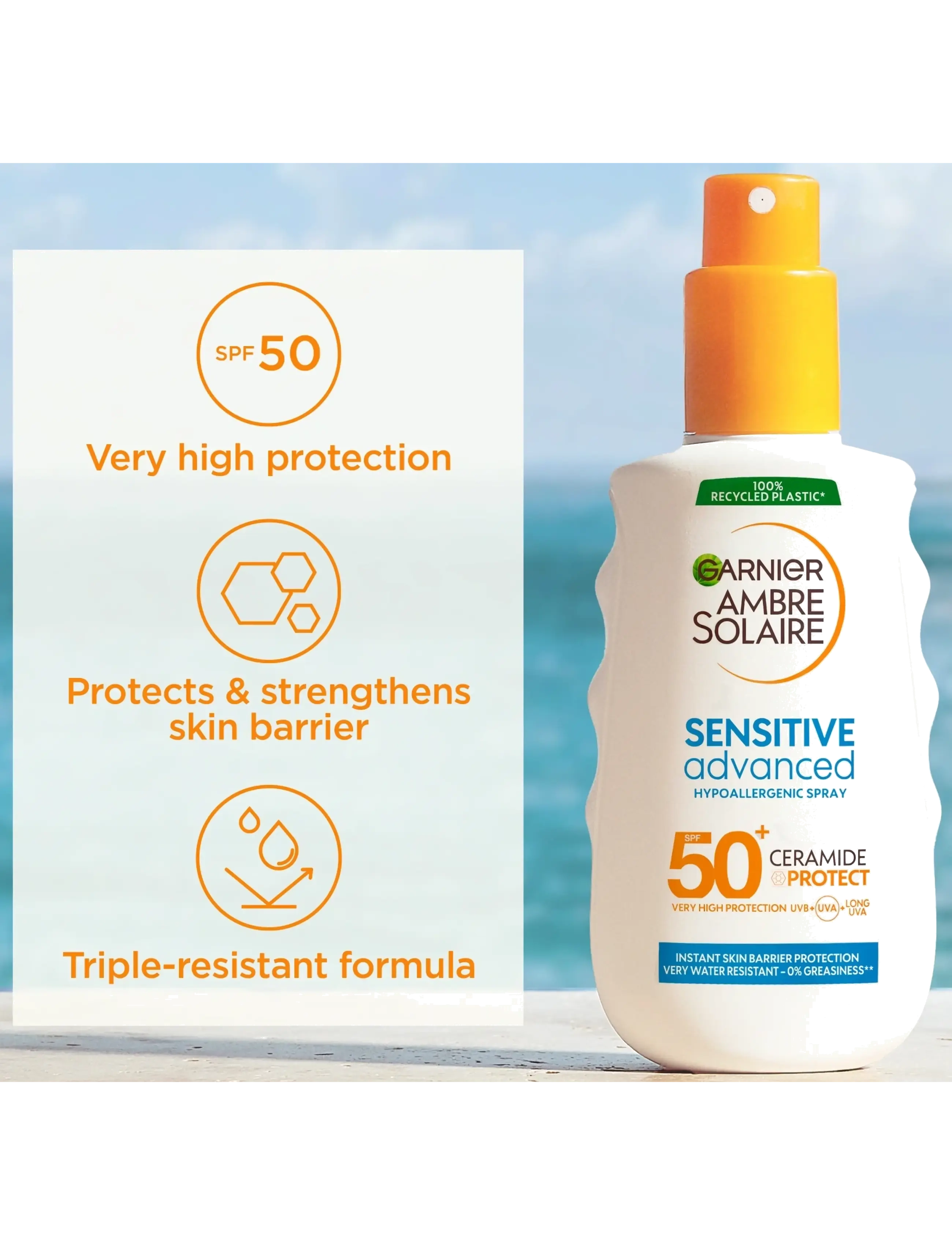 Garnier - Garnier Ambre Solaire Sensitive Advanced Protection Spray SPF50+ for sensitive skin 150 ml - til kroppen - sensitive advanced protection spray spf50+ - 1