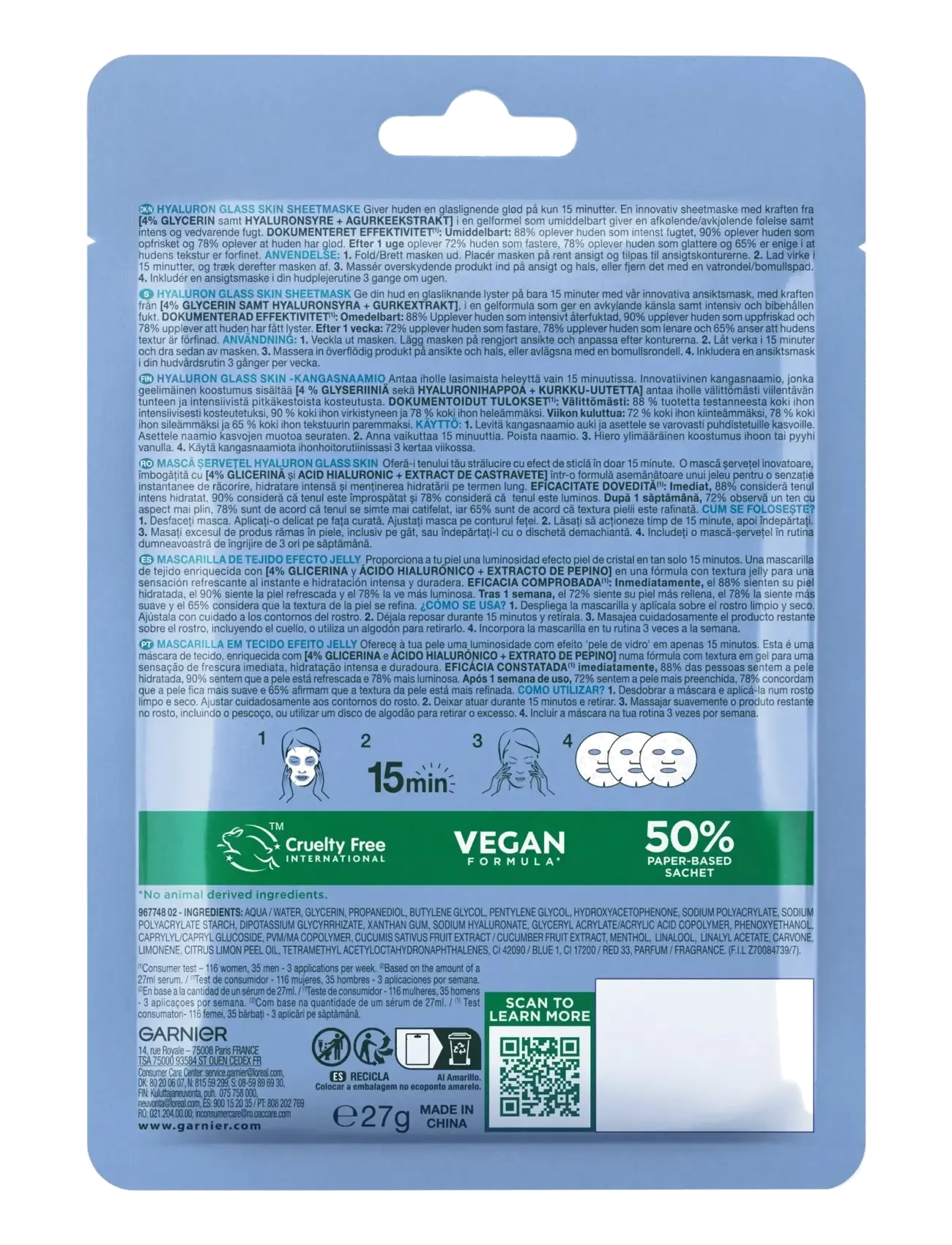 Garnier - Garnier Hyaluron Glass Skin Jelly Sheet Mask 27 g - sheet masks - clear - 1