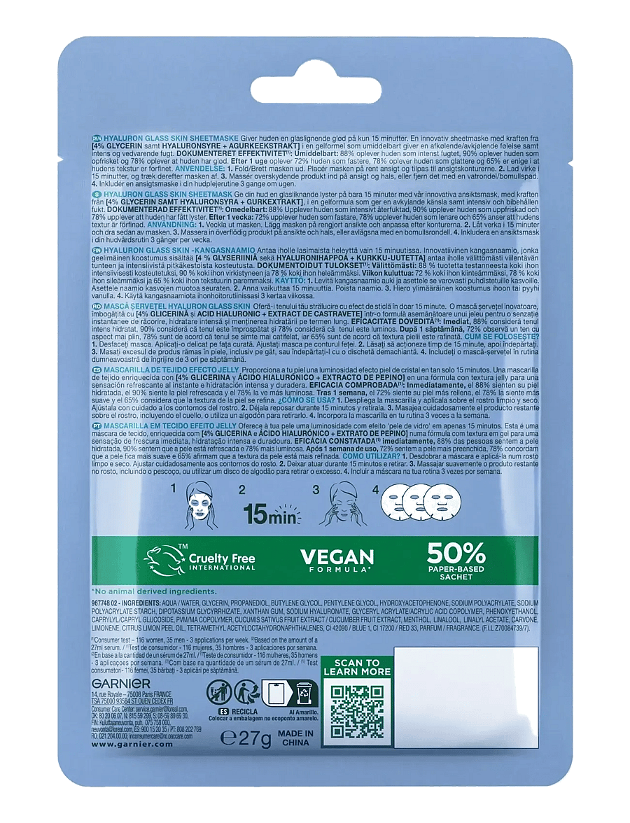 Garnier - Garnier Hyaluron Glass Skin Jelly Sheet Mask 27 g - sheet masks - clear - 1