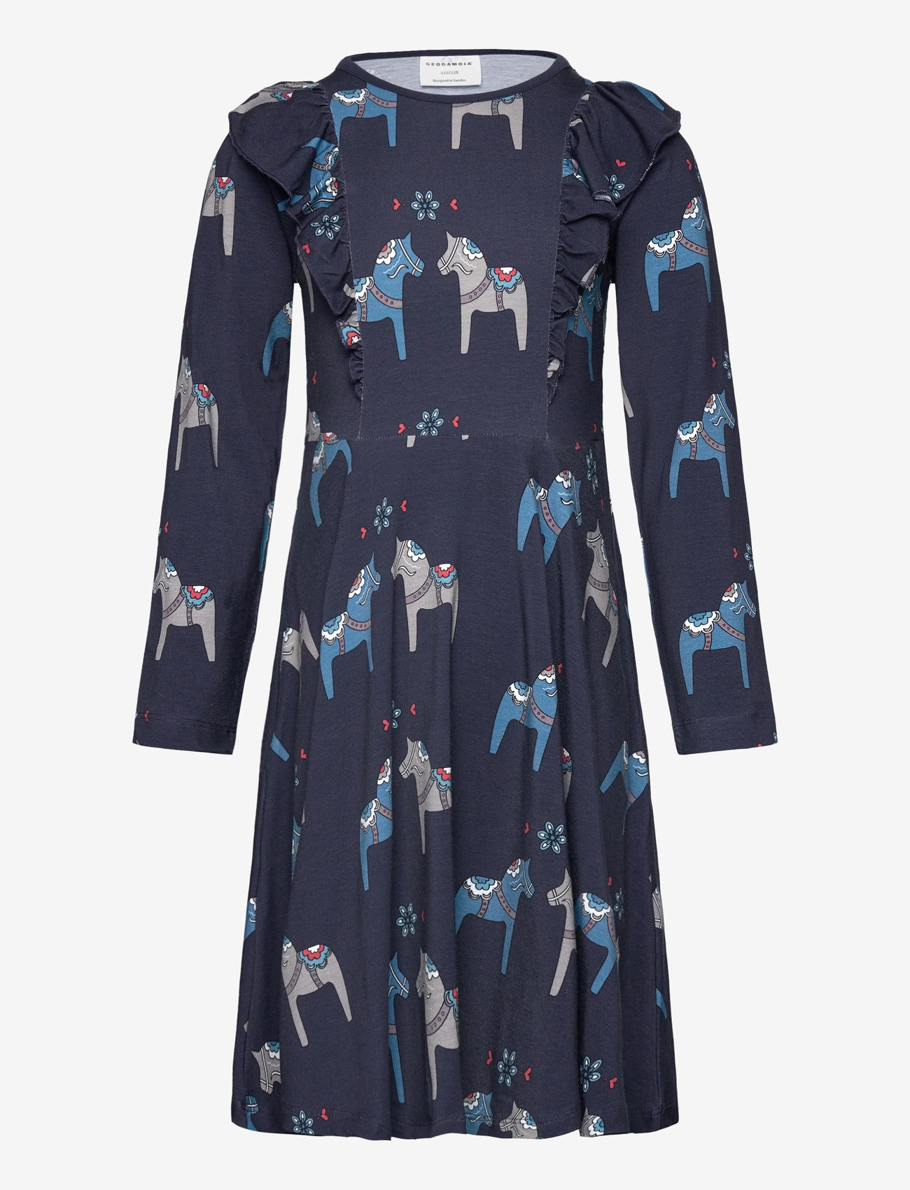 Geggamoja - Bamboo flared dress Navy Dala horse - långärmade babyklänningar - navy - 0