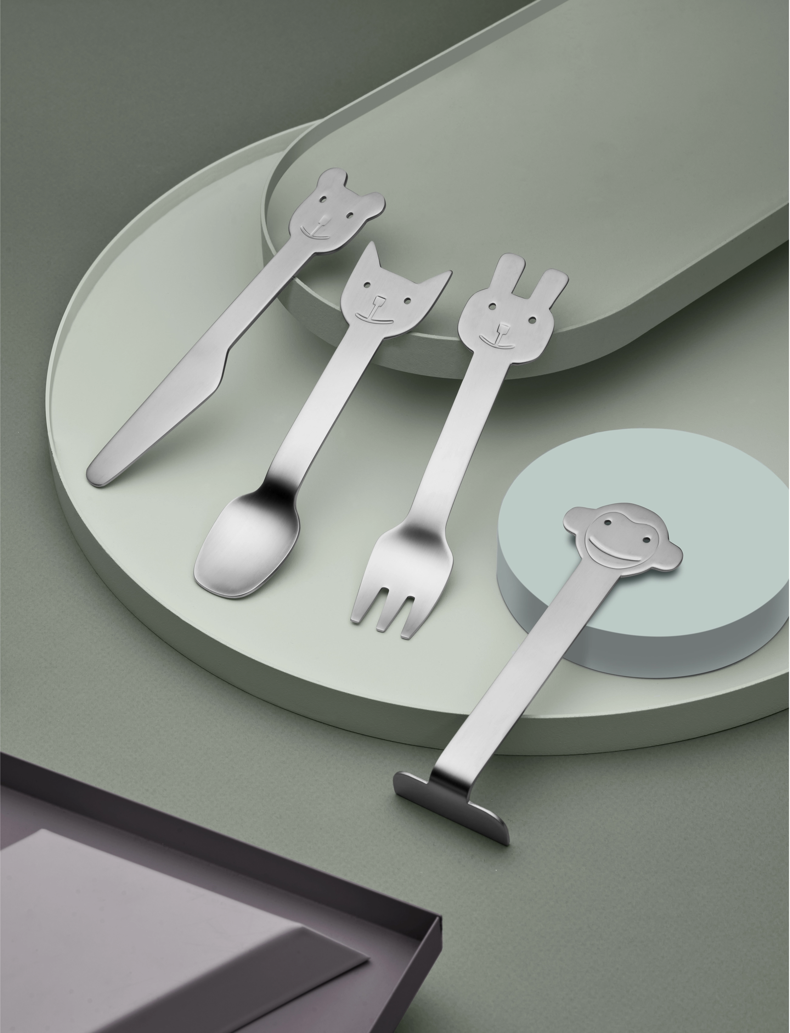 Gense Børnebestik Animal Friends 4 Dele Mat Stål, One Size, Meal Time, Silber - Cutlery, Kinder