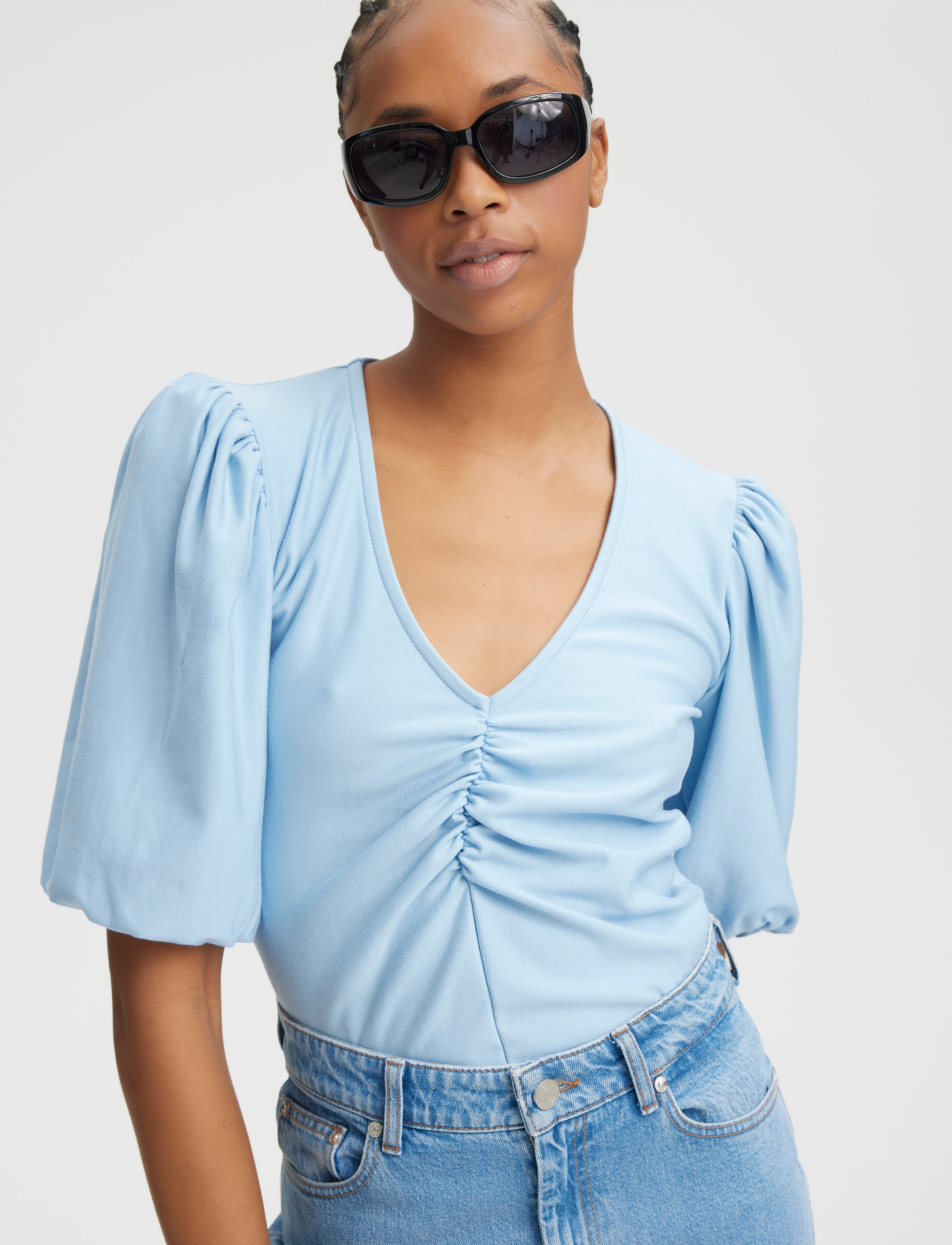 Gestuz Rifagz Ss Balloon Blouse, Kvinder, Rynket V-Hals Ballon Bluse, Blå, Str: XS