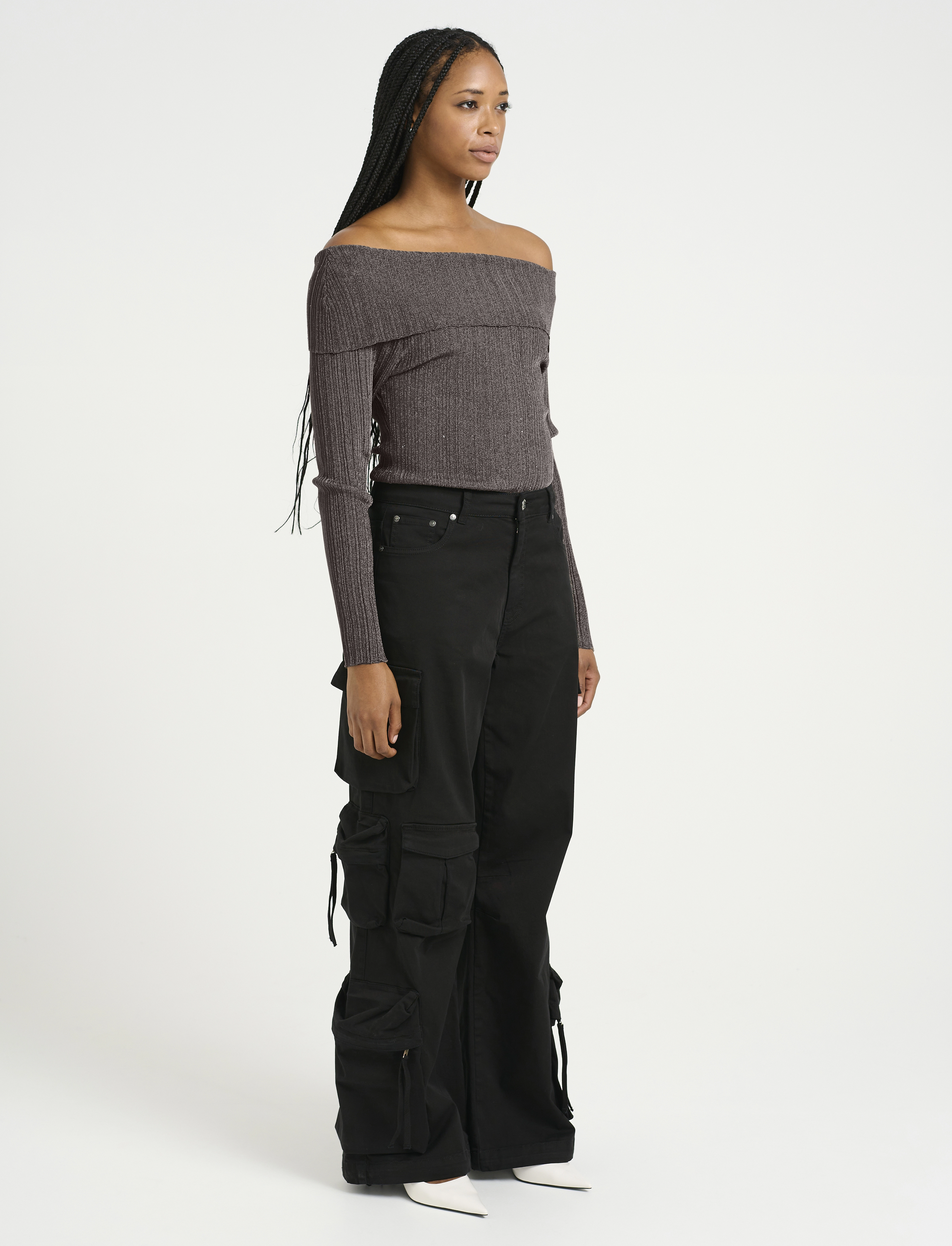 Gestuz - SilviGZ rib ls off shoulder - trøjer - warm grey metallic - 3