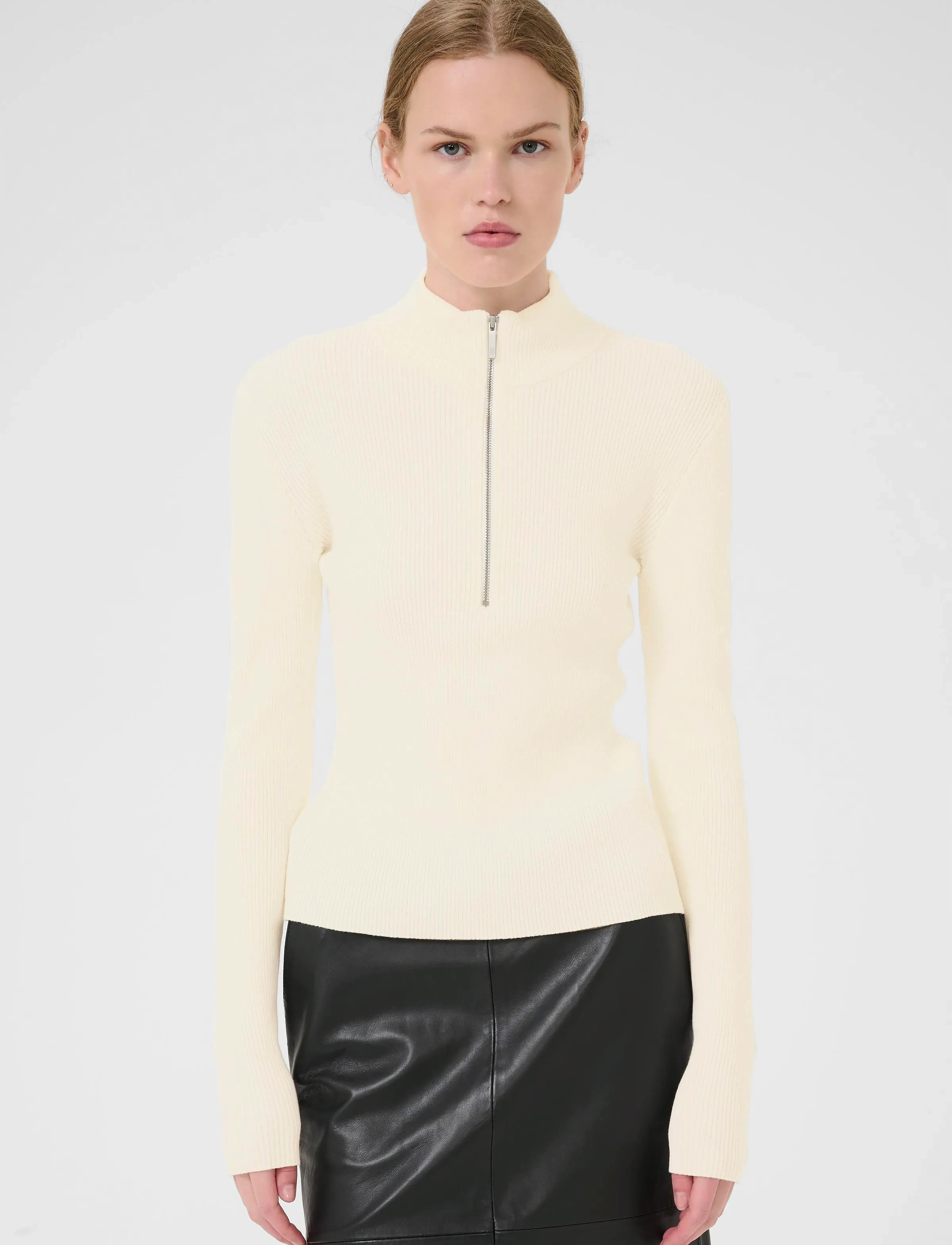 Gestuz Yasmiagz Zipper Pullover Noos, Kvinder, Ribbet Halv Lynlås Pullover, Cream, Str: M