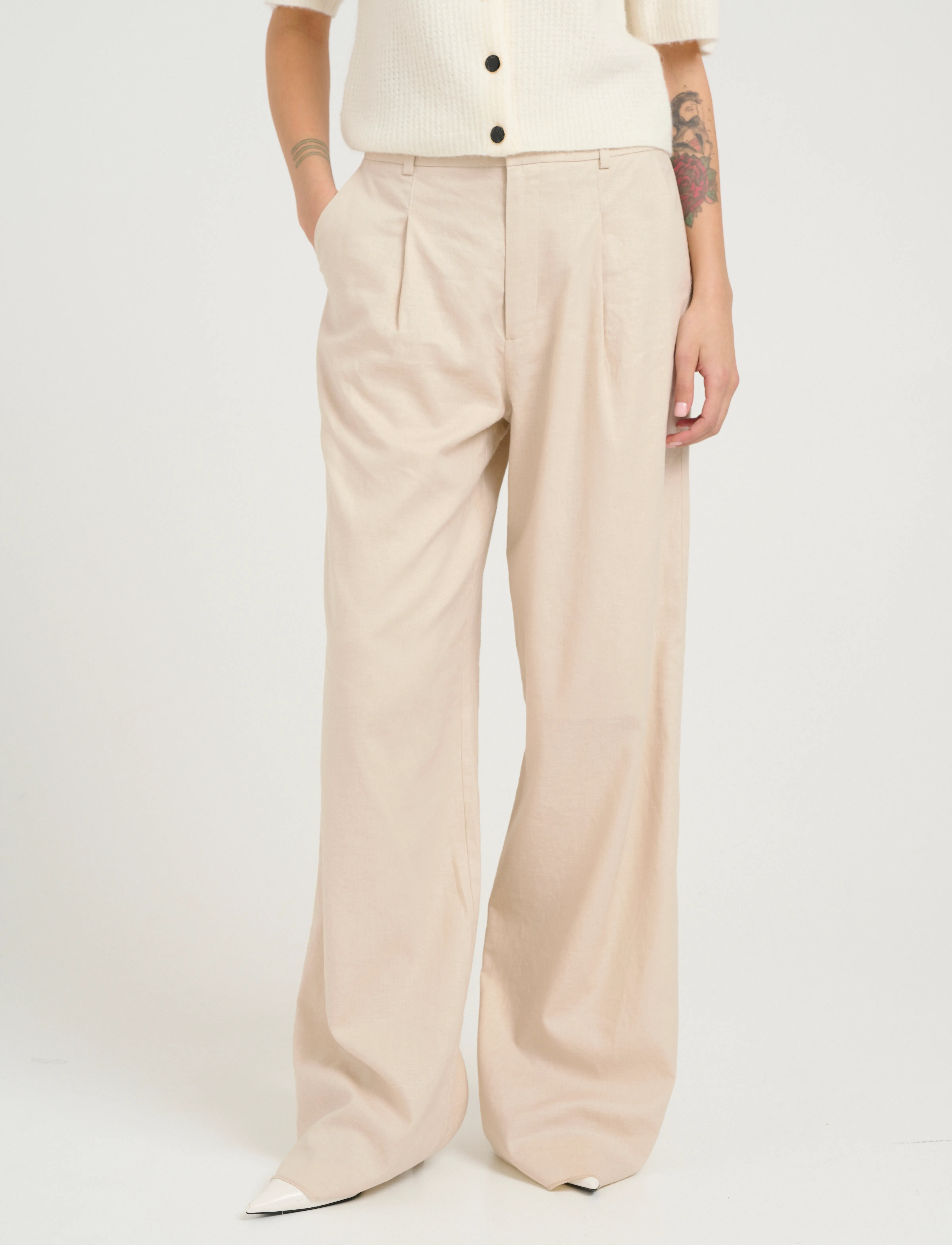 Gestuz Elarahgz Linen Hw Pants, 40, Cream, Bukser > Brede Ben, Dame
