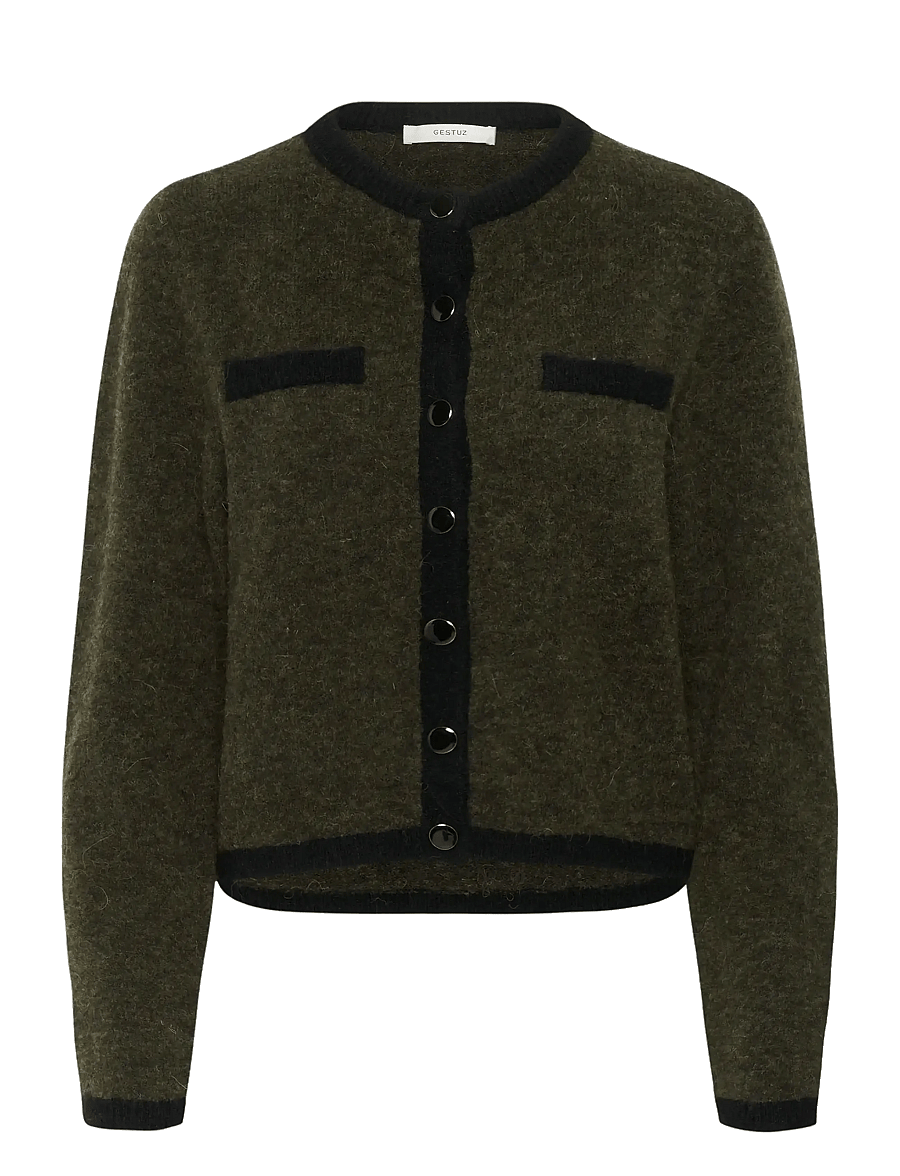 Gestuz - GZalpha ls contrast cardigan - muotitrendit - olive mÉlange/black - 1