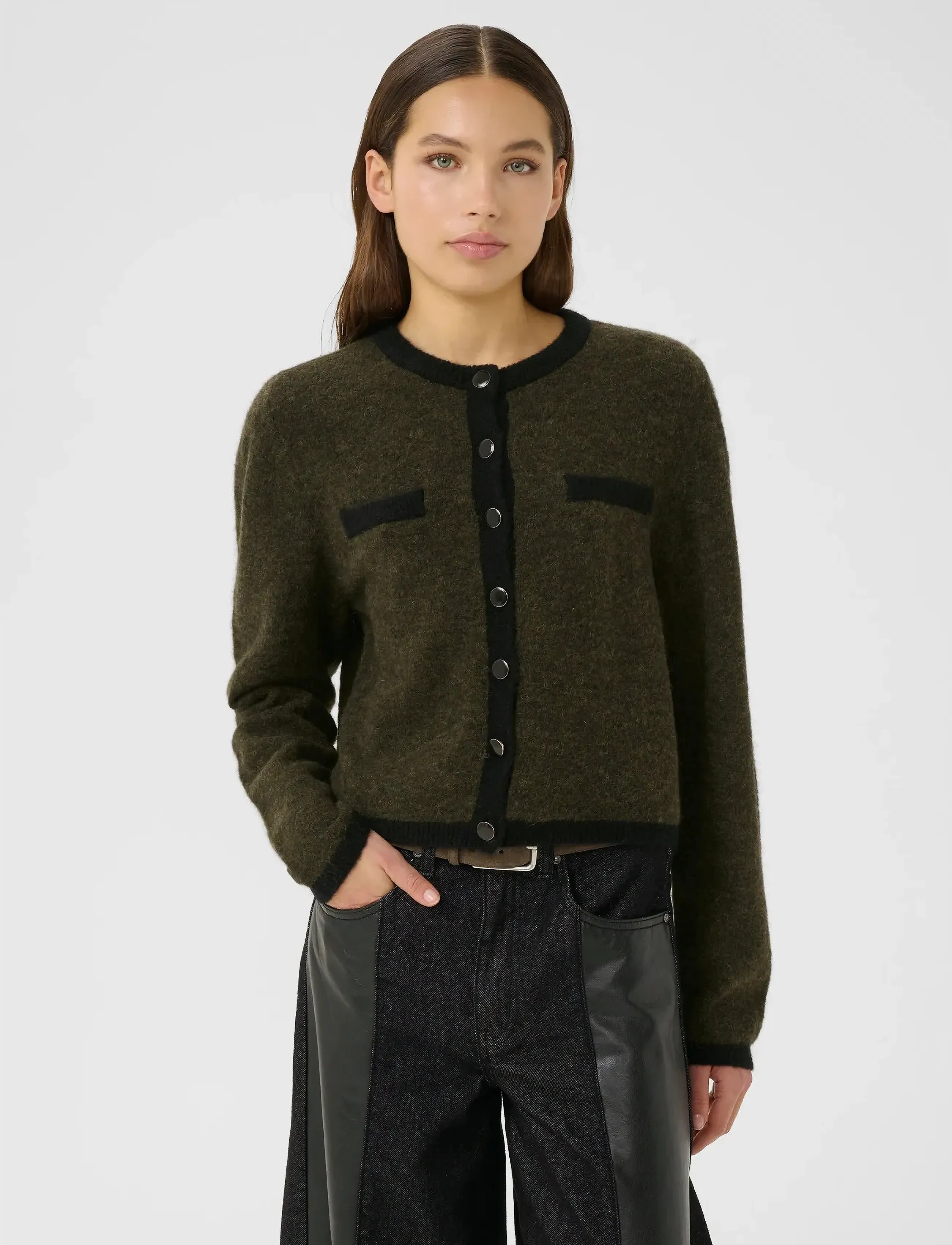 Gestuz Gzalpha Ls Contrast Cardigan, L, Khaki green, Strik > Cardigans, Dame