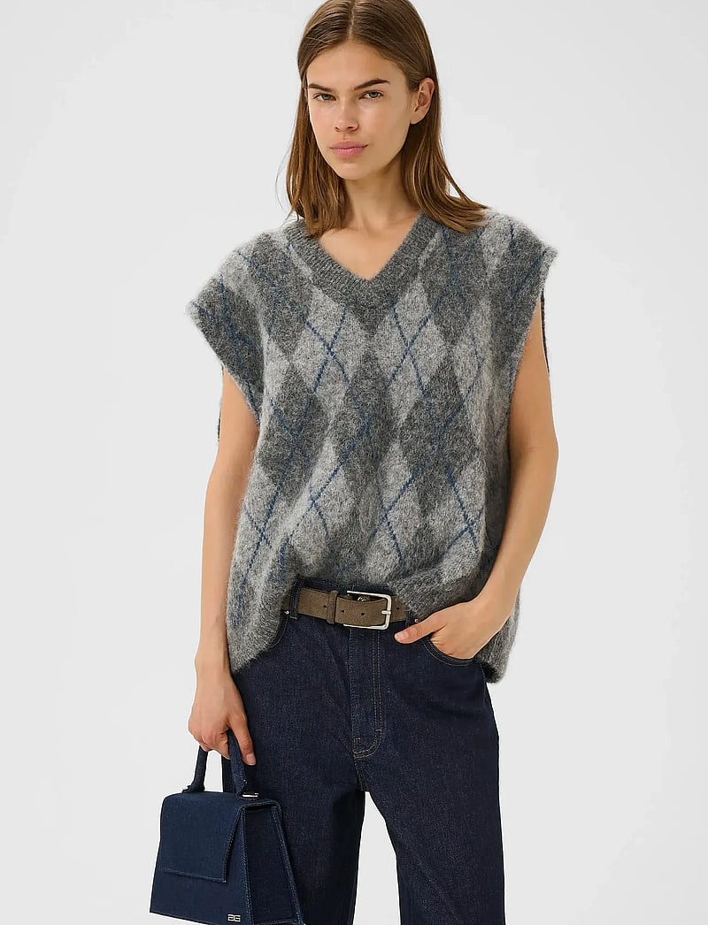 Gestuz - GZsasi vest - stickade västar - check dark grey/grey/blue comb - 0