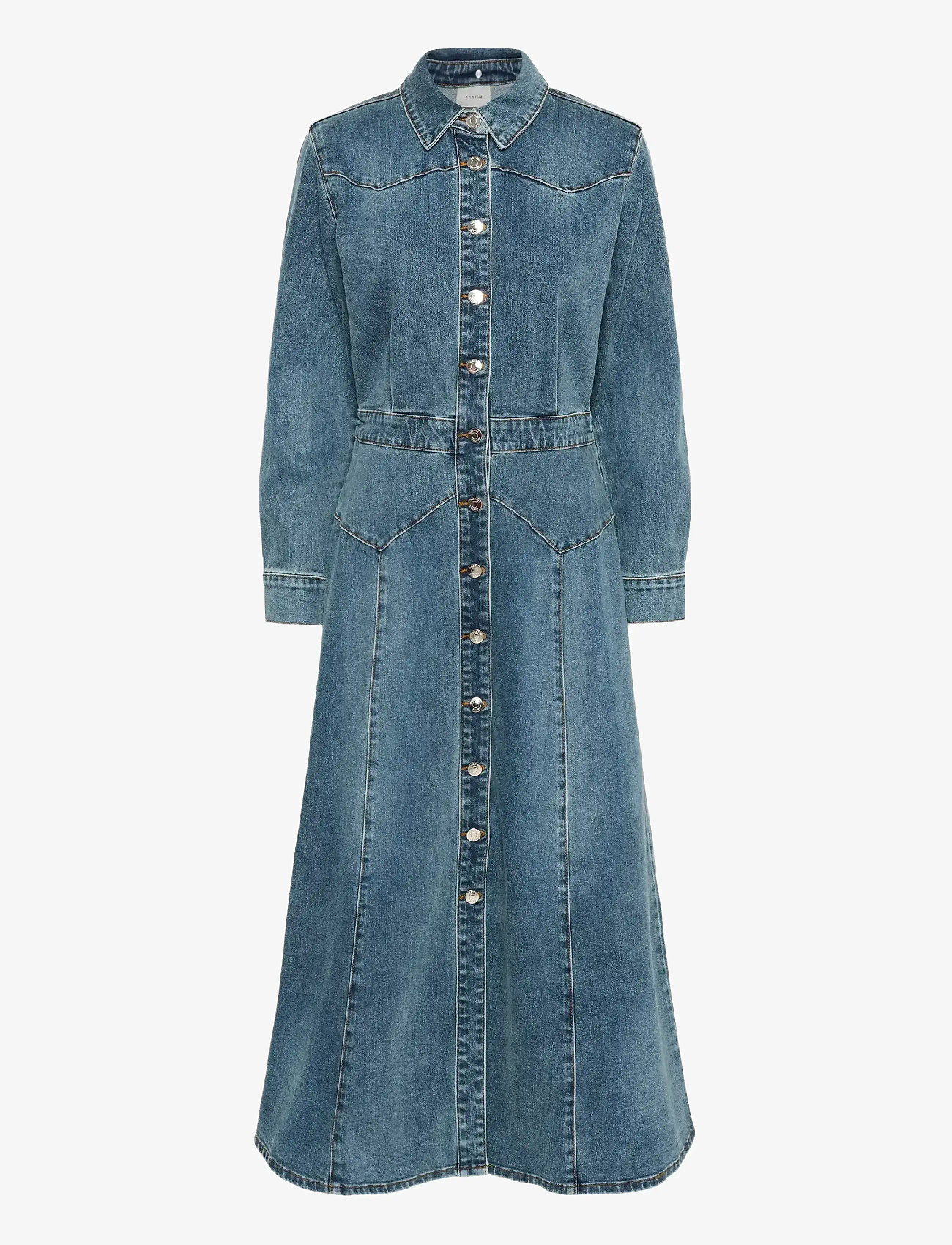Gestuz - GZviva LS long dress - särkkleidid - vintage blue denim - 1