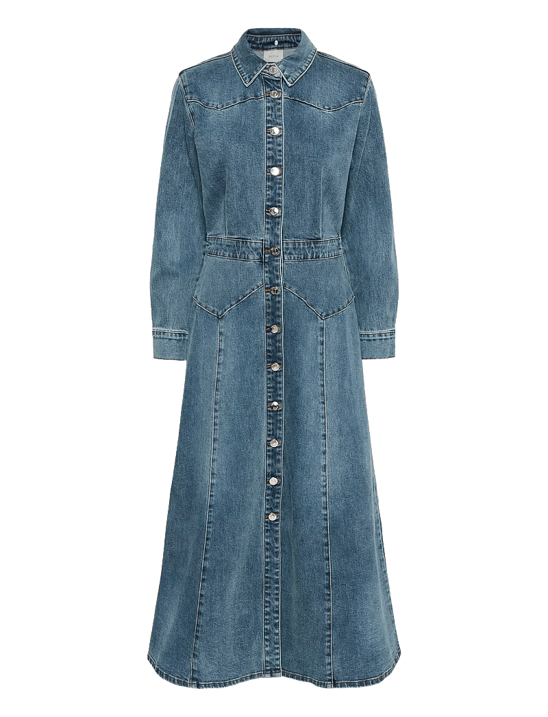Gestuz - GZviva LS long dress - särkkleidid - vintage blue denim - 1